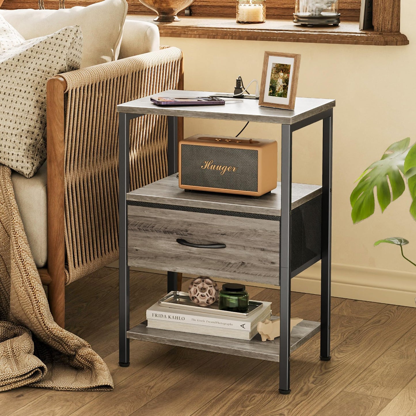 SUPERJARE Nightstand with Charging Station, Bed Side Table with Adjustable Fabric Drawer, Night Stand for Bedroom, 3-Tier Storage End Table, for Living Room, Oak