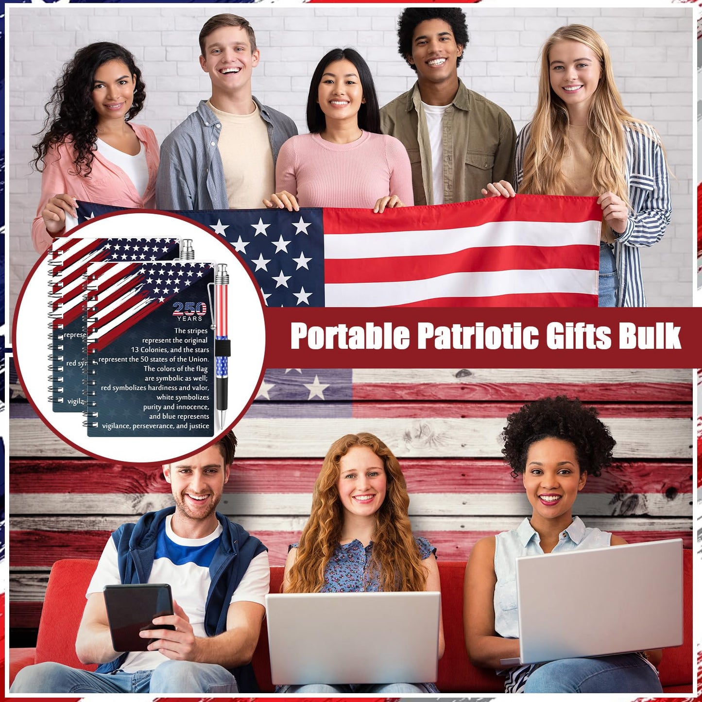 Resurhang 40 Pcs 20 Sets 250th Anniversary Bulk Gifts American Flag Patriotic Notebooks Red White Blue Spiral Journals Military Pens 4th of July Independence Day Gift for Veterans USA Souvenir