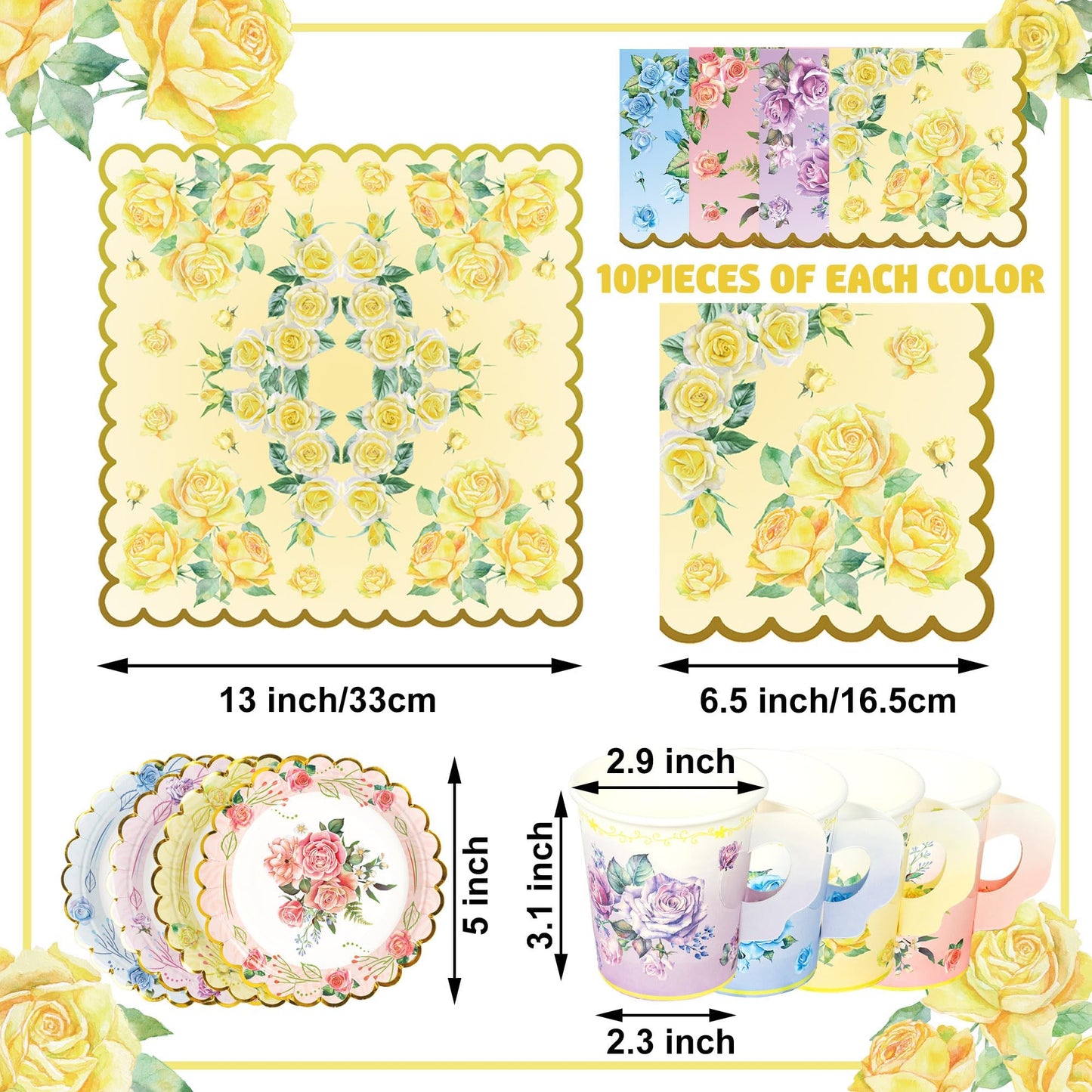 40 Set Floral Tea Cups and Saucers Disposable Tea Party Supplies Colorful Flower Teacups with Handle and Paper Napkins Dinnerware Set for Floral Theme Tea Party Birthday Wedding Bridal Shower Supply