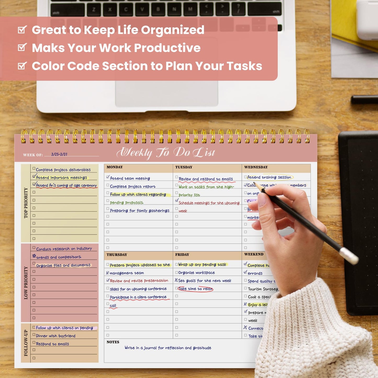 Weekly To Do List Notepad with 52 Undated Sheets（8.5"×11"）6 Pack - Undated Weekly Planner Notepad for Office Desk Accessories and Supplies - Multi