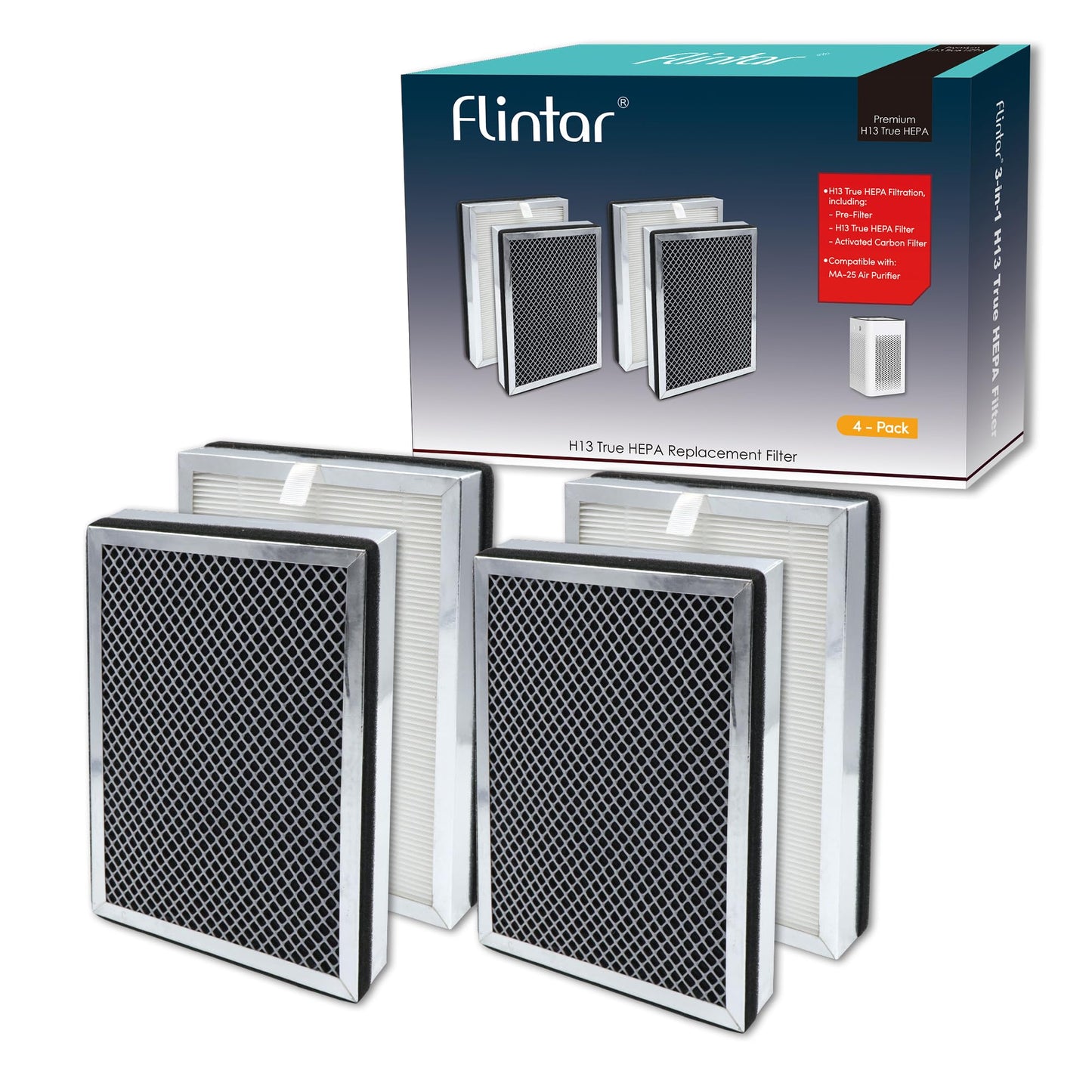 Flintar MA25 Replacement Filter, Compatible with MA-25 Air Purifier, H13 Grade 3-in-1 Air and Activated Carbon Filter Set. 4-Pack