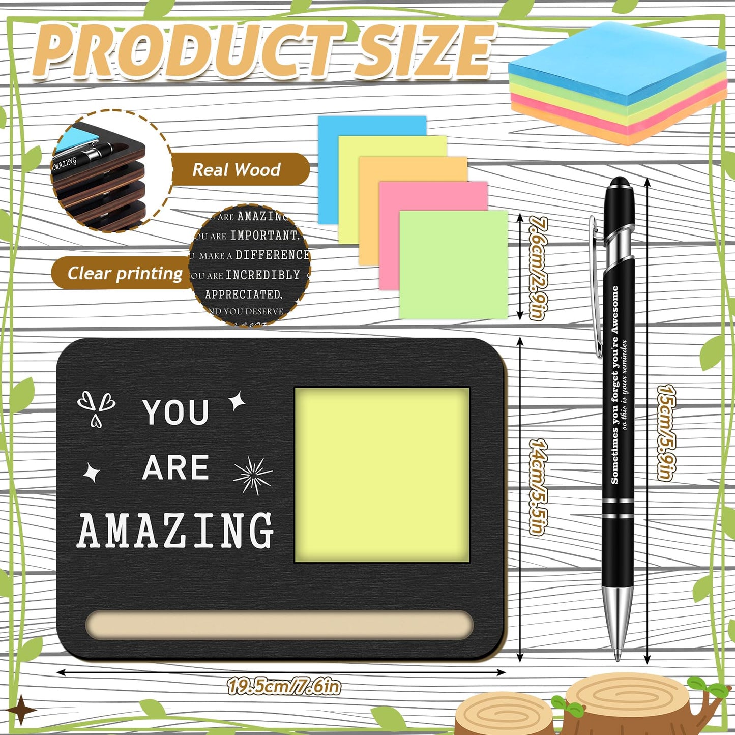 Kosiz 10 Set Employee Appreciation Gifts Wooden Sticky Note Holder with Notes and Ballpoint Pens Inspirational Sticky Notes Sets for Employee Coworker Staff Thank You Appreciation Gifts, Black