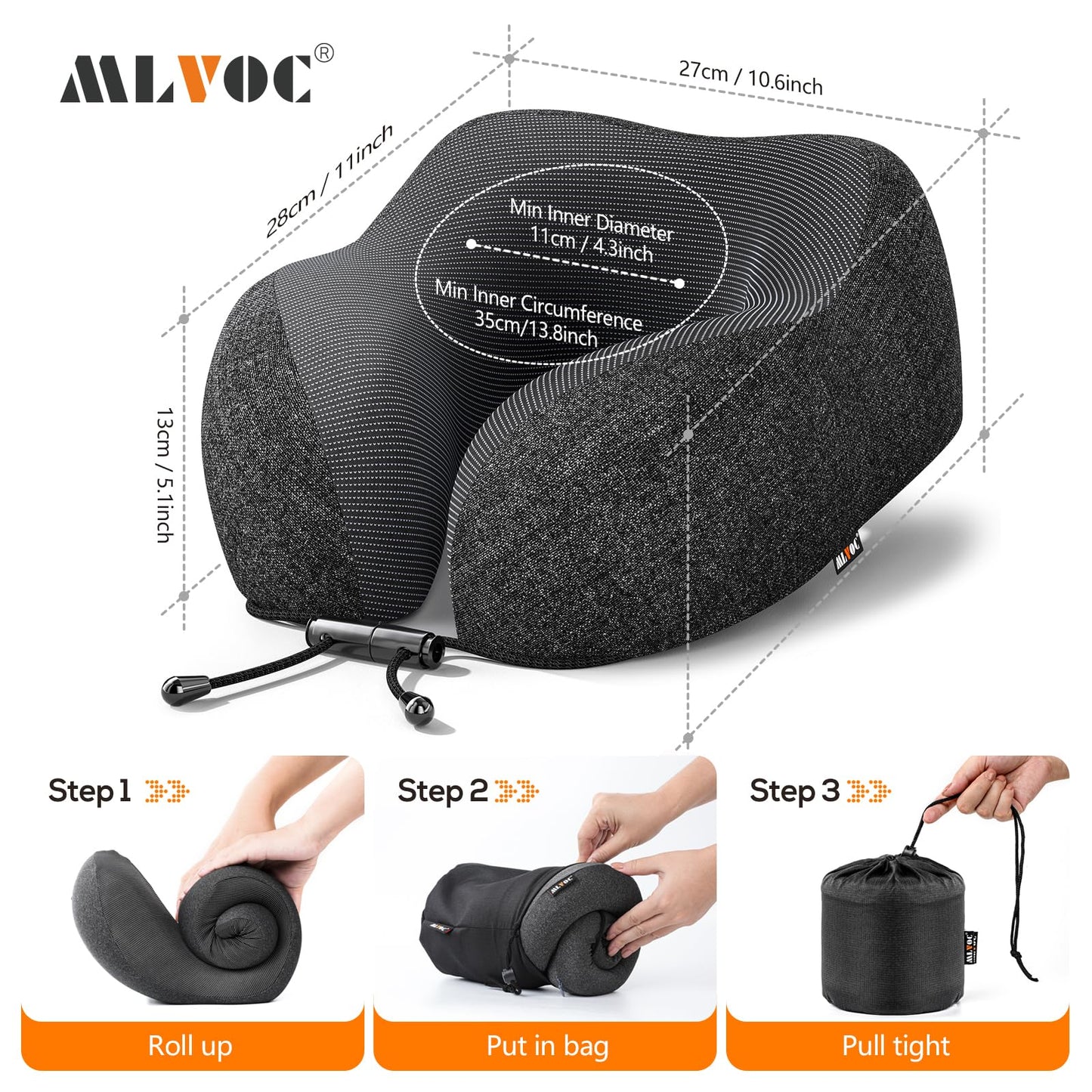 MLVOC Neck Pillow for Traveling, Upgraded 100% Pure Memory Foam Travel Neck Pillow for Airplane Flight Sleep, Breathable & Machine Washable Cover, Travel Kit with 3D Eye Mask, Earplugs & Bag, Black