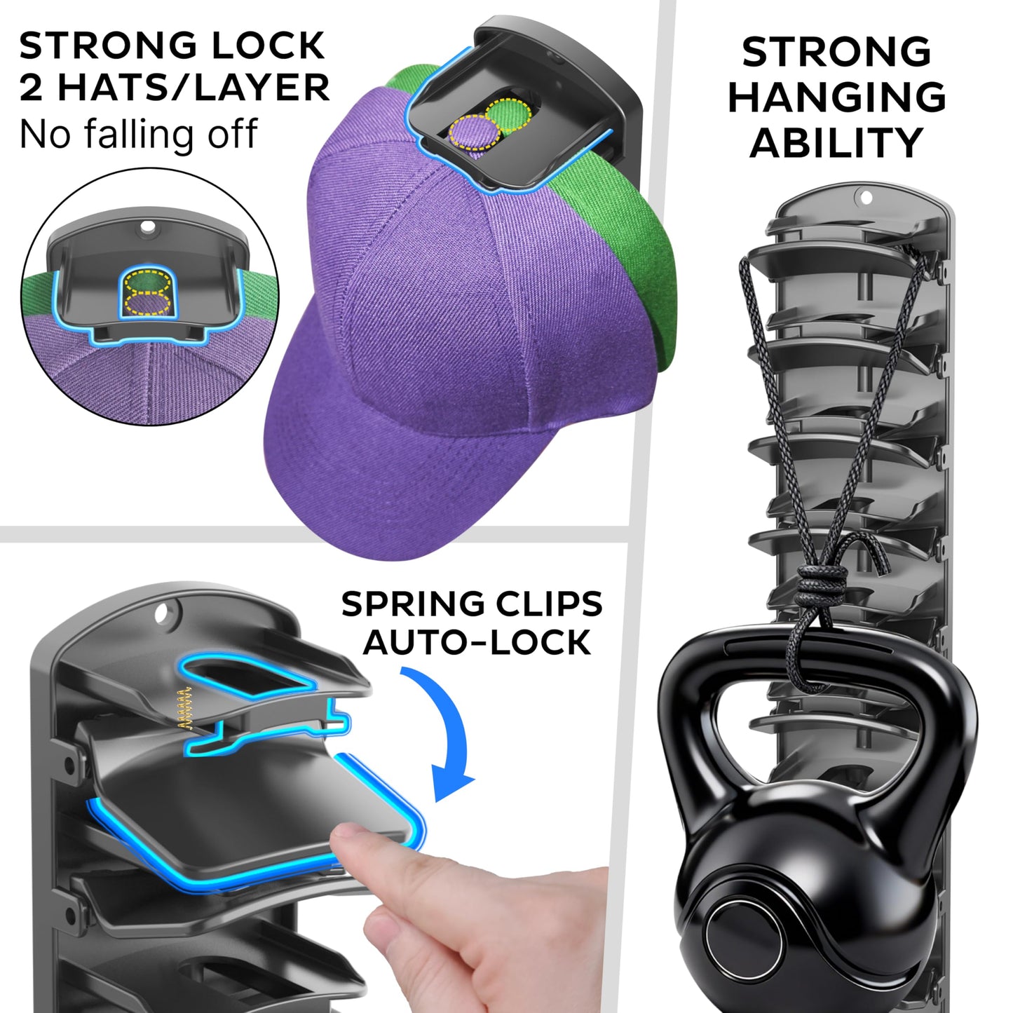genicuts Double Capacity Hat Organizer for Baseball Caps 2 Packs - 40 Cap Storage with Spring Clips, Wall Mount Closet & Door Hat Rack Holder Hanging(Strong Adhesive & Screws) Matte Black