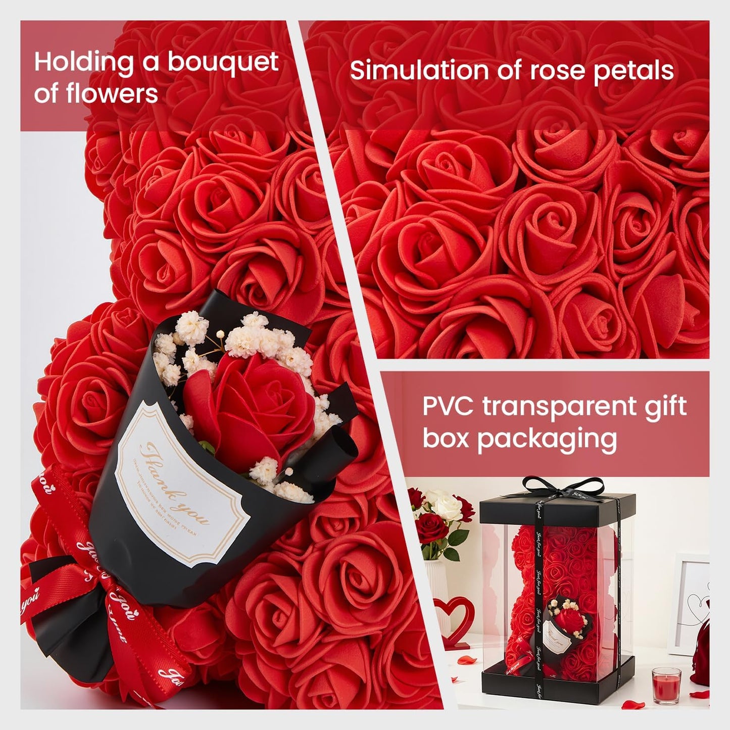 Otlonpe Mothers Day Rose Bear Gifts for Mom - Women Gifts for Mother's Day Christmas Valentines Anniversary Birthday - Cute Roses Flowers Bear Gift for Girlfriend Wife Daughter Mom, 9-inch (Red)