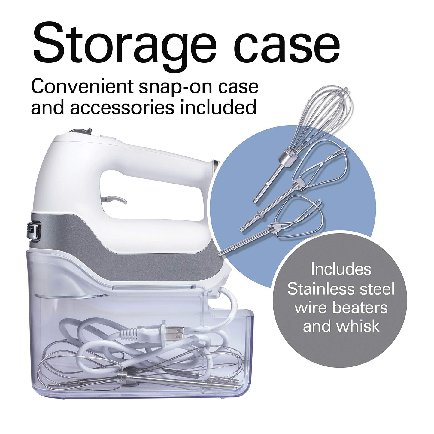 Hamilton Beach Professional 5-Speed Electric Hand Mixer with High-Performance DC Motor, Slow Start, Snap-On Storage Case, Stainless Steel Beaters & Whisk, White (62652)