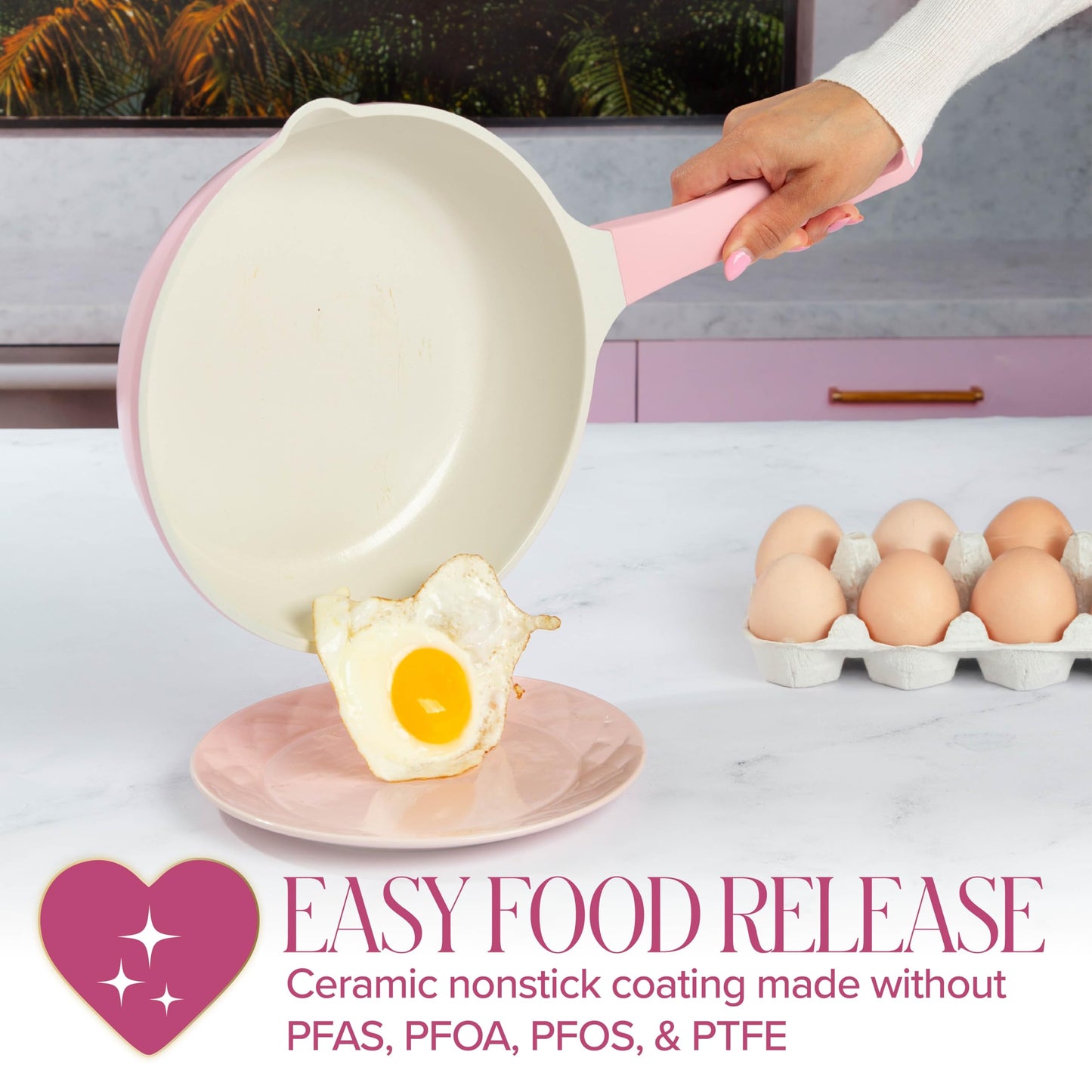 Paris Hilton Ceramic Cast Aluminum Nonstick Fry Pan, Fast & Even Heating with Easy Pour Spouts & Comfort-Grip Handle, 9.5-Inch, Pink