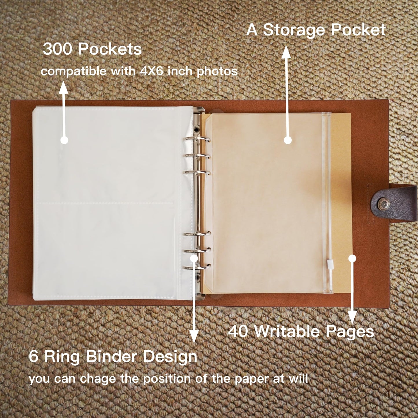 Photo Album 4x6 300 Pockets, Genuine Leather Photo Albums 300 Photos with Writing Space 40 Writing Paper, Family Wedding Travel Kids Graduation Ultrasound Baby Picture Album Scrapbook, Gifts, Brown