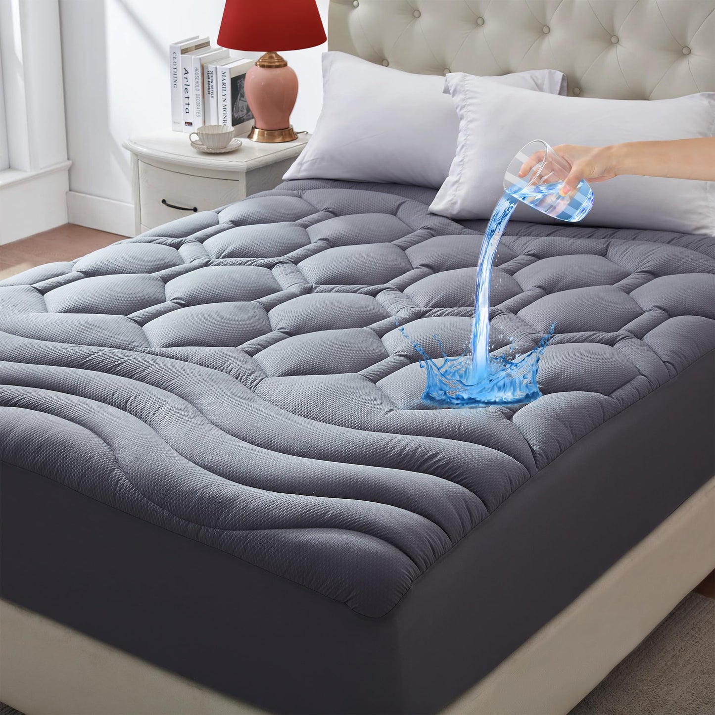 ELVEN HOME King Size Mattress Pad Waterproof, Cooling Mattress Topper Noiseless, Leak Proof Mattress Protector Deep Pocket Washable, Quilted Fitted Soft King Mattress Pad Cover (78x80 inch, Grey)