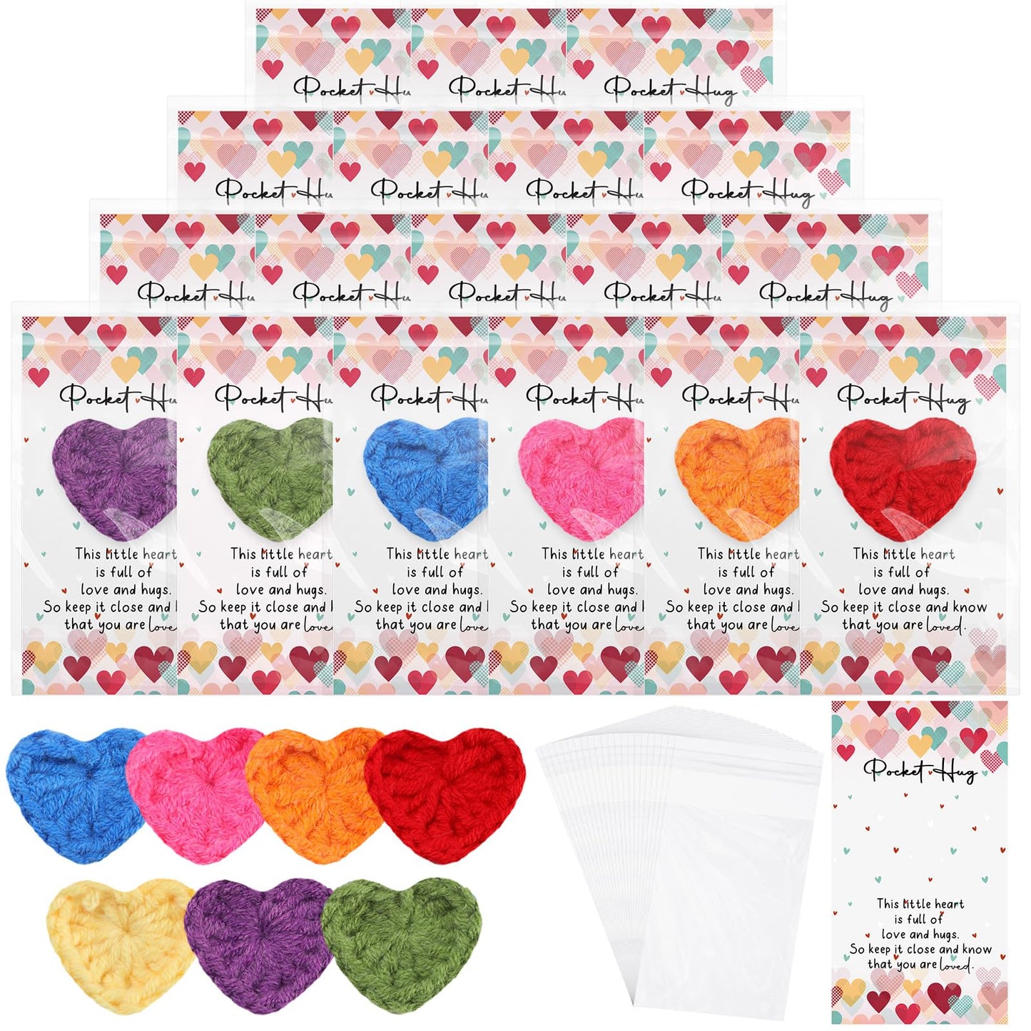Mindsoft Emotional Cheer Support Gift Bulk Cute Hand Crocheted Pocket Hug Heart Inspirational Cards and Bags Party Favor for End of Year Preschool Toddler Boy Girls(140 Sets)