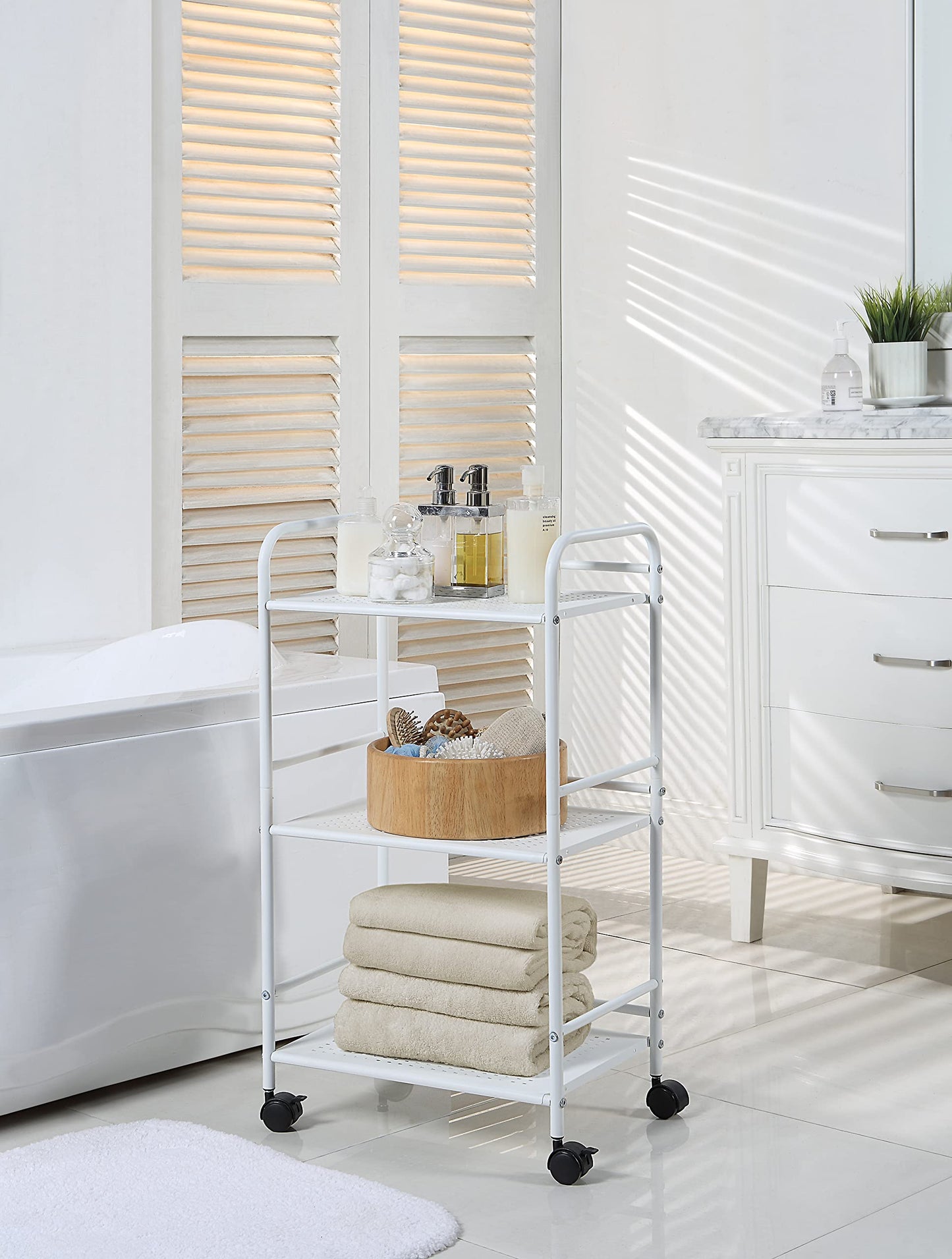 SunnyPoint 3-Tier Rolling Utility Cart – Metal Storage Organizer with Wheels, Mobile Kitchen Cart, Office & Home Organizer, White, 12" D x 16.92" W x 31.1" H