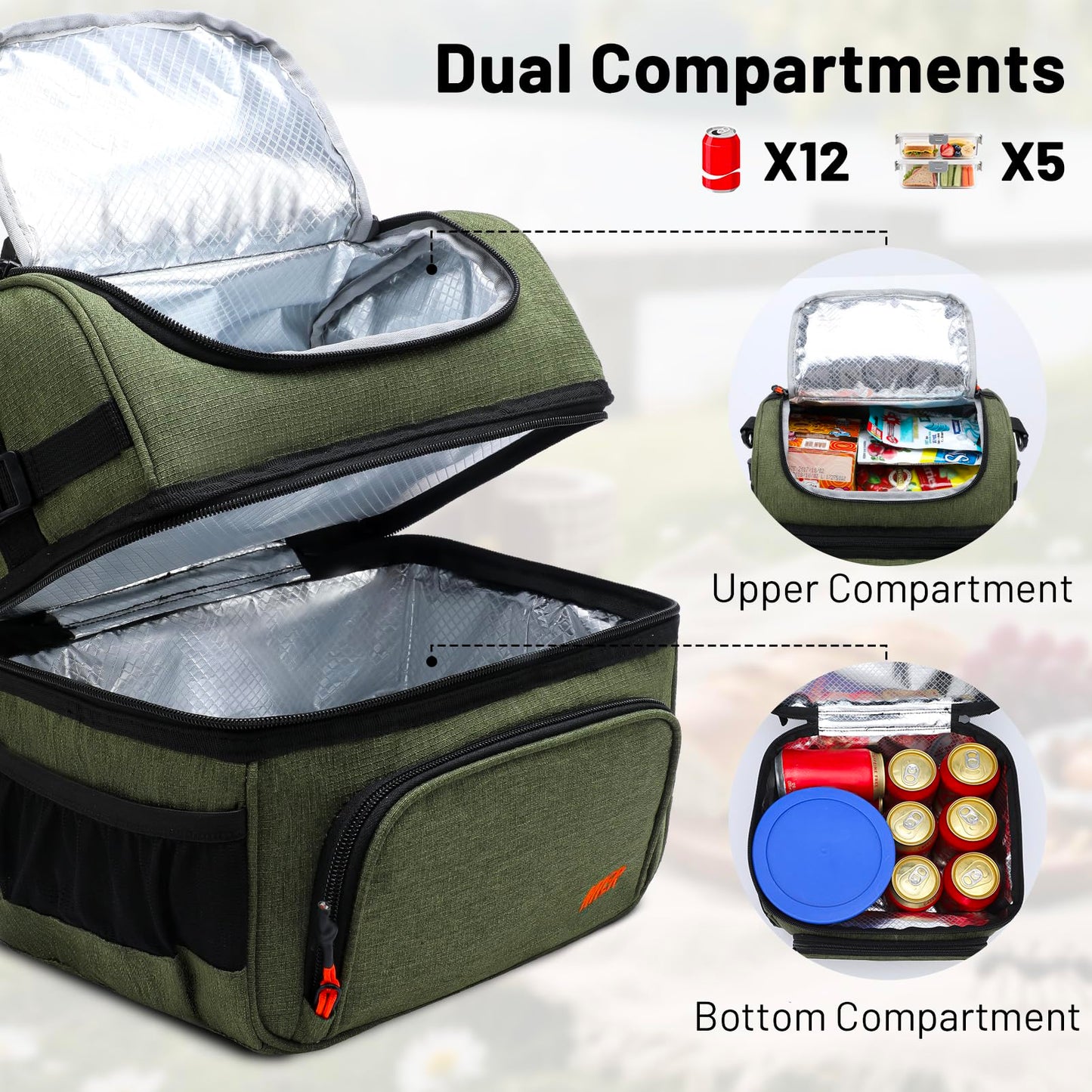 MIER Dual Compartment Lunch Bag Tote with Shoulder Strap for Men and Women Insulated Leakproof Cooler Bag, Army Green