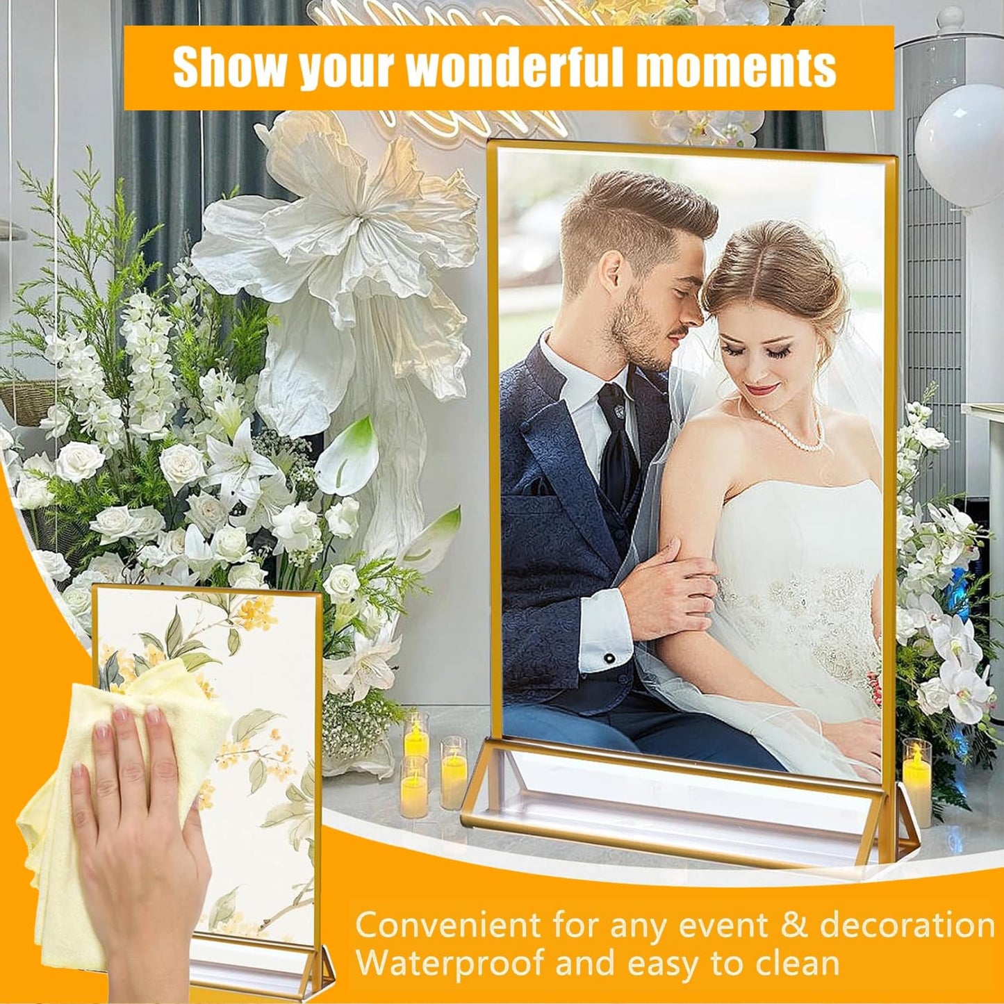 PIEMEET 18 Pack Acrylic Sign Holder with Golden Border, 4 X 6 Clear Sign Holders, Double Sided Gold Picture Frame, Gold Flyer Holder Vertical Stand, Table Menu Stands for Wedding Tables Sign Display