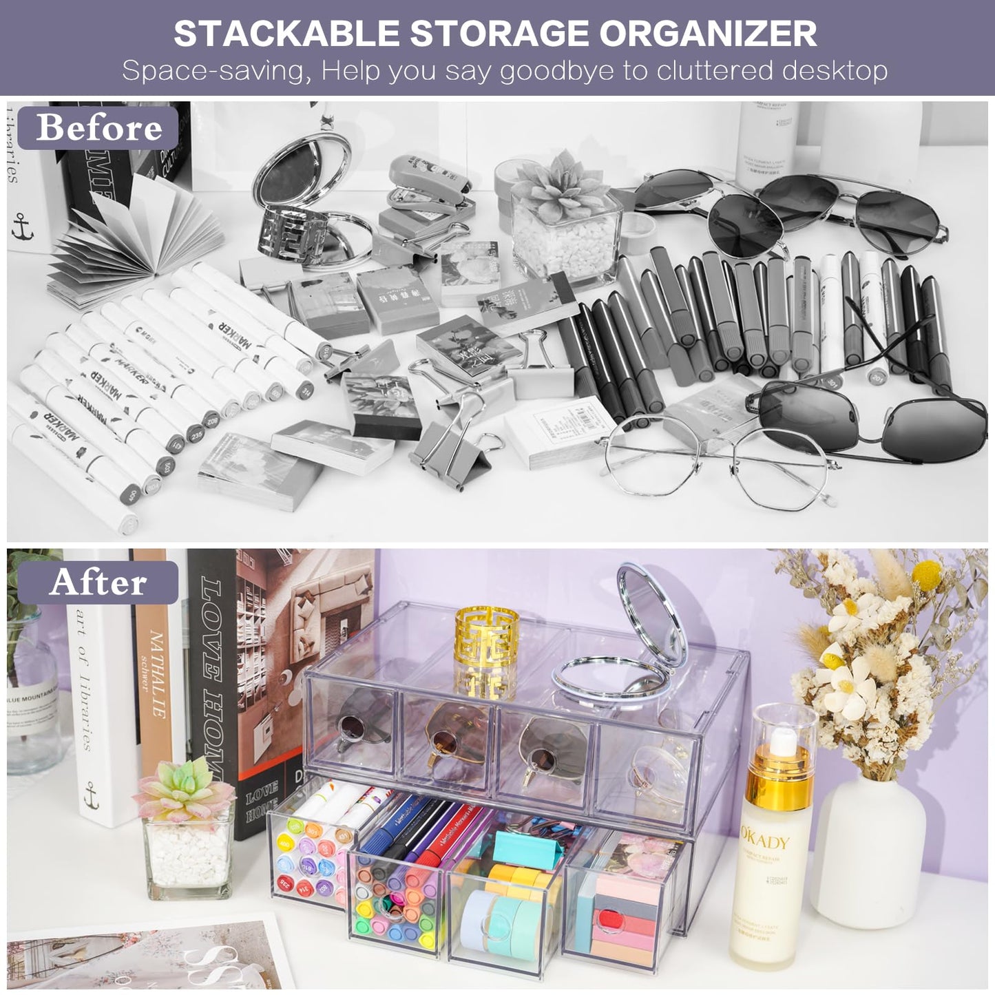 Desk Organizer with 12 Drawers, FODIENS 3 Packs Stackable Desktop Storage Box with Removable Drawer, Clear Sunglasses Organizer Display Case for Stationery Marker Pens Eyeglasses Office Supply