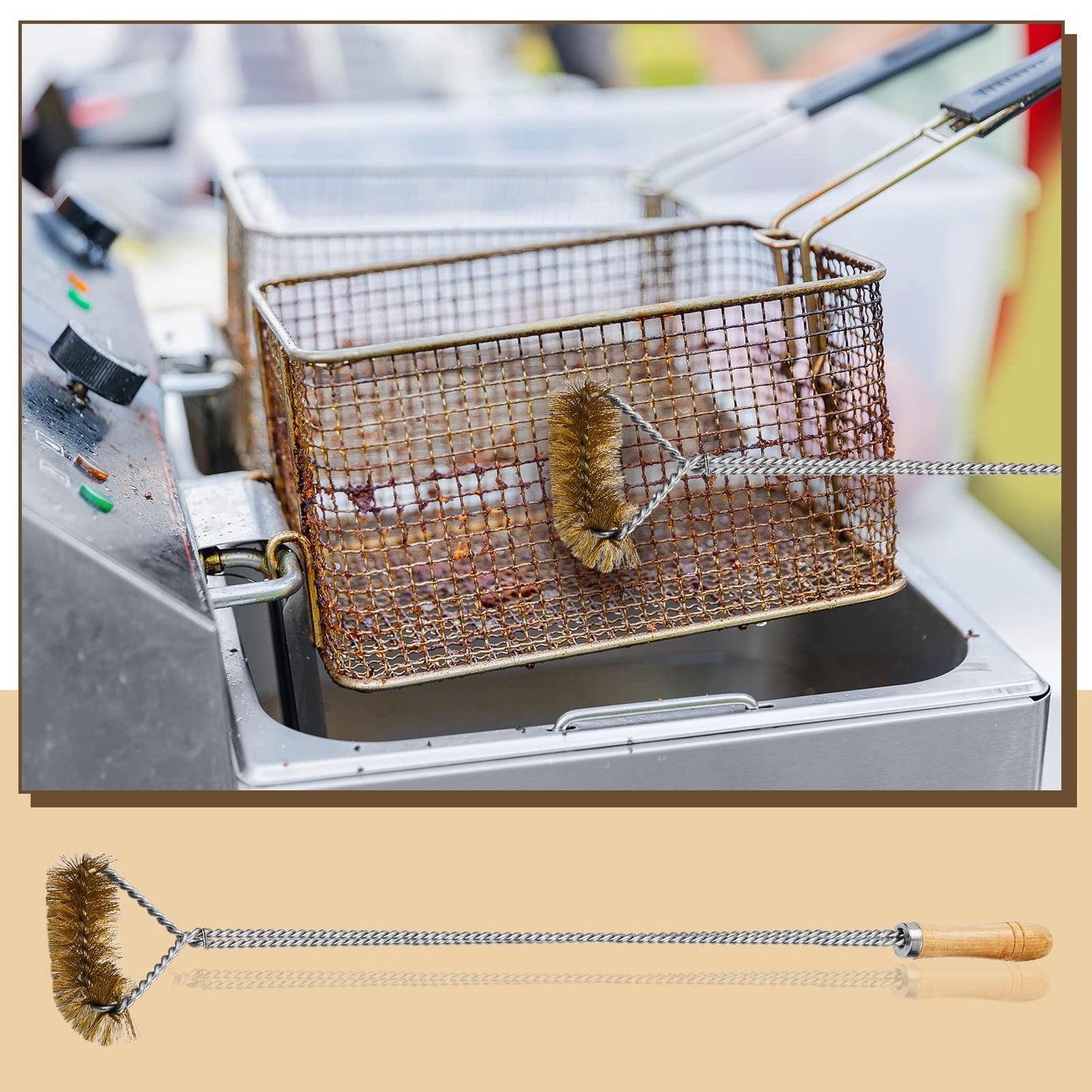Nuenen 3 Pieces Fryer Cleaning Tools Including L Shaped Fryer Cleaning Brush, Deep Cleanout Rod and Long Handle Basket Brush, Good to 750f for Restaurant Accessories