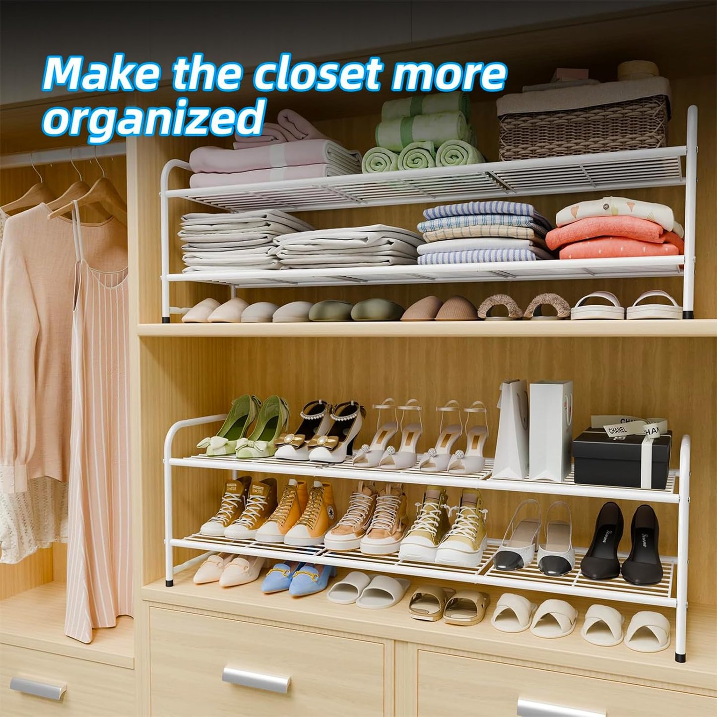 MWQ Shoe Rack for Closet, 2 Tier 44 Inch Extra Wide Shoe Storage Organizer for Shelves, Heavy Duty Metal, Easy Assembly, White