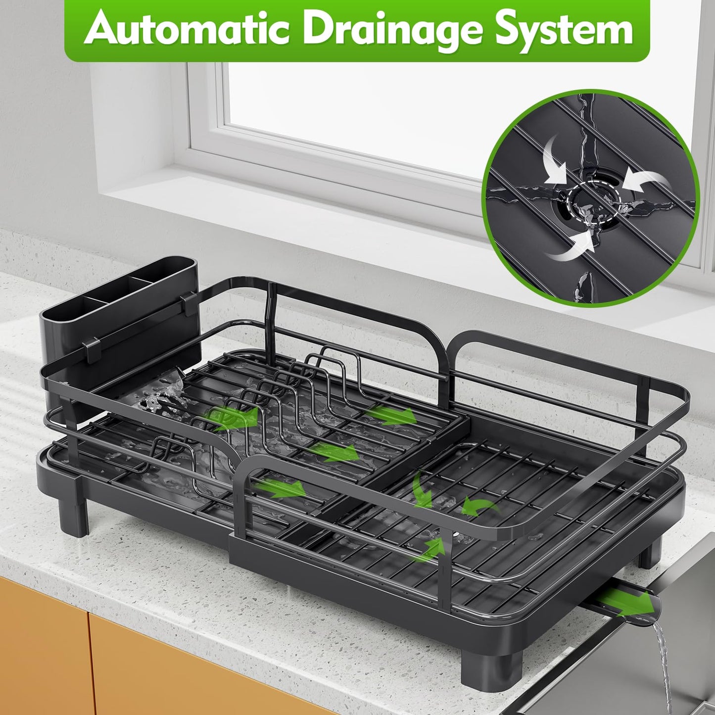 TOOLF Expandable Dish Rack, Dish Drying Rack for Kitchen Counter, Foldable Dish Dryer Rack, Stainless Steel Dish Drainer Racks with Cutlery Holder, Collapsible Dish Drying Racks Standard Size,Black