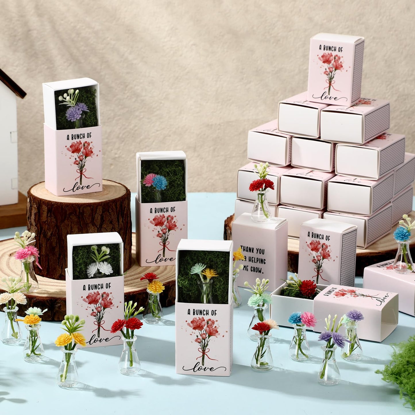 Wonderjune 50 Sets CNA Week Gifts Bulk for Women Positive Mini Flowers with Bud Vases Office Desk Decor Mini Box Breathing Thank You End of Year Graduation Favors for Coworker (Clear)