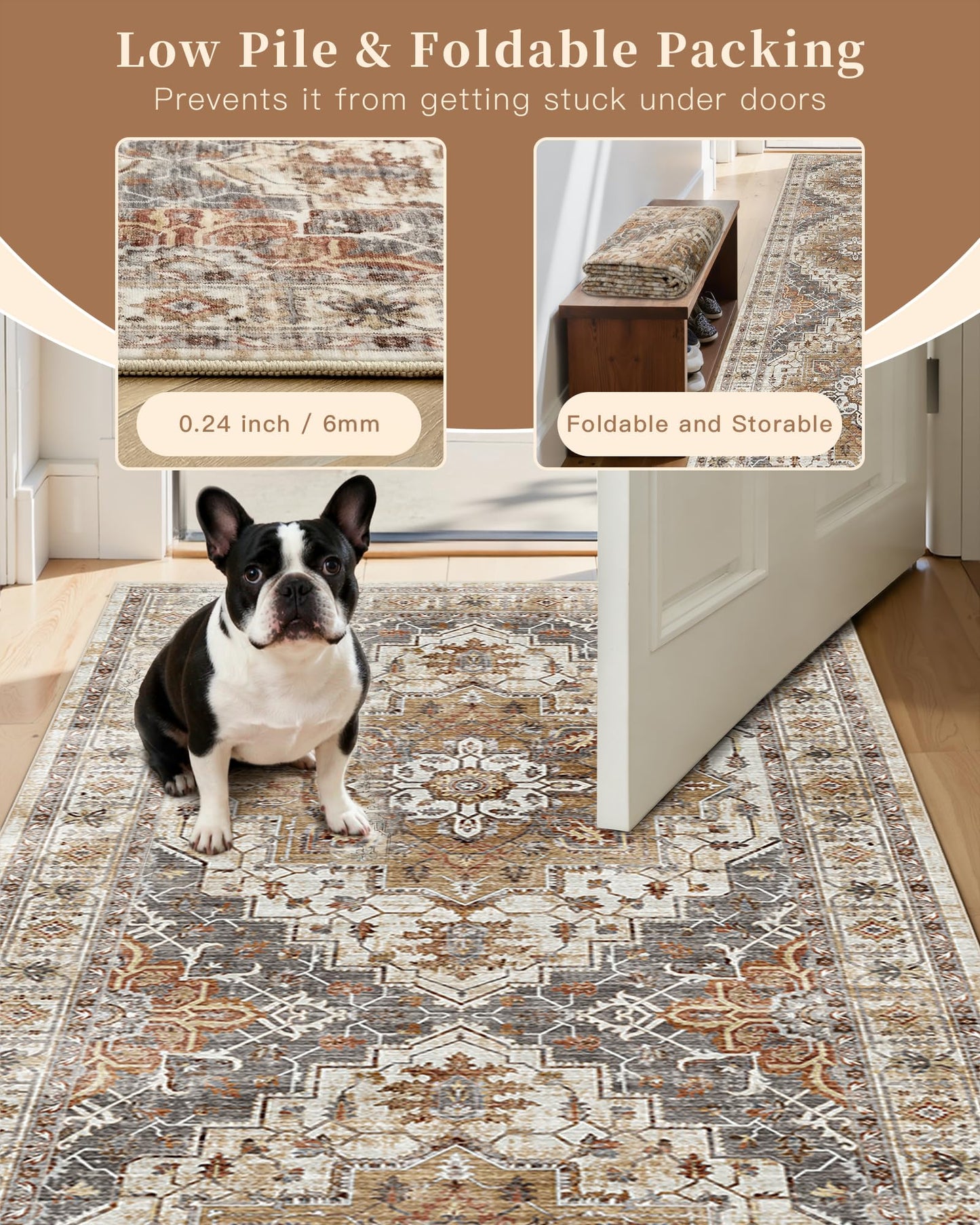 Madane Hallway Runner Rug 2x12, Extra Long Washable Runner Rugs with Rubber Backing, Non Slip Carpet Runner, Vintage Rug Runners for Kitchen Laundry Room Entryway (Turmeric/Grey, 2'x12')