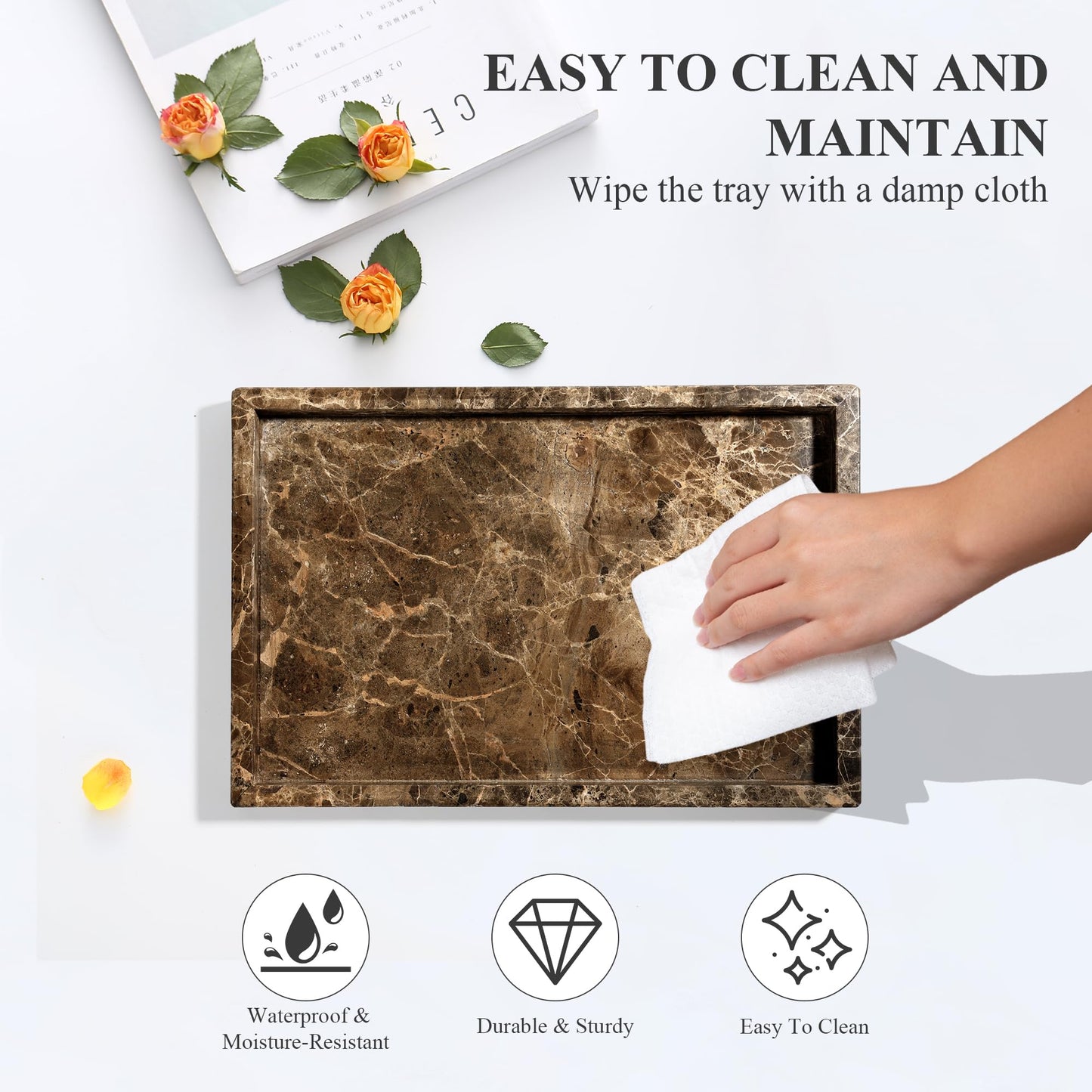 YMXYJM Real Natural Marble Tray for Bathroom, Genuine Marble Stone Vanity Tray, Luxury Storage Trays for Kitchen, Vanity, Home Decor, Dresser, Non-Resin/Non-Ceramic, 12"x 8"x 1.2", Dark Brown