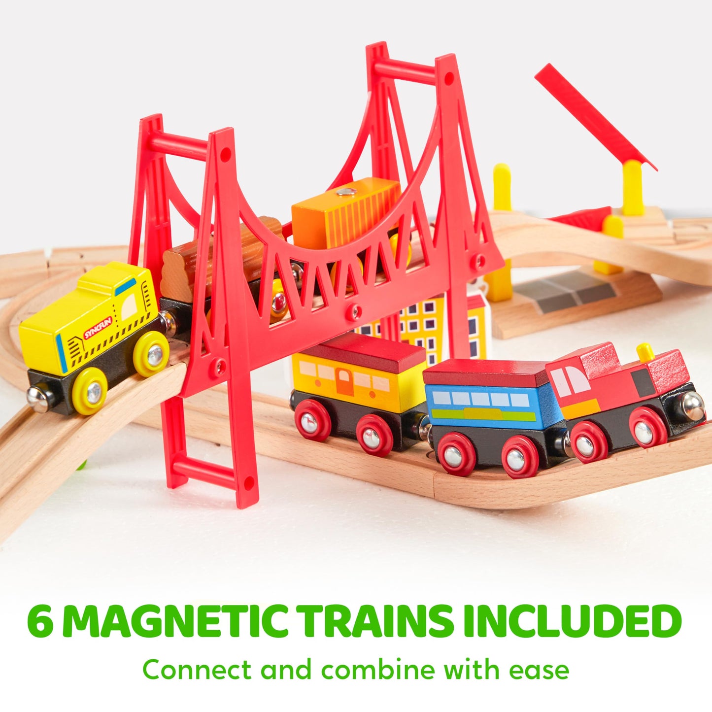 110PCS Wooden Train Set - Urban Journey, City Scene Railway Set with Magnetic Trains, Cars, Helicopter & Ship, Perfect Christmas Birthday Toy Gift for Kids Toddlers Boys Girls Ages 3-8