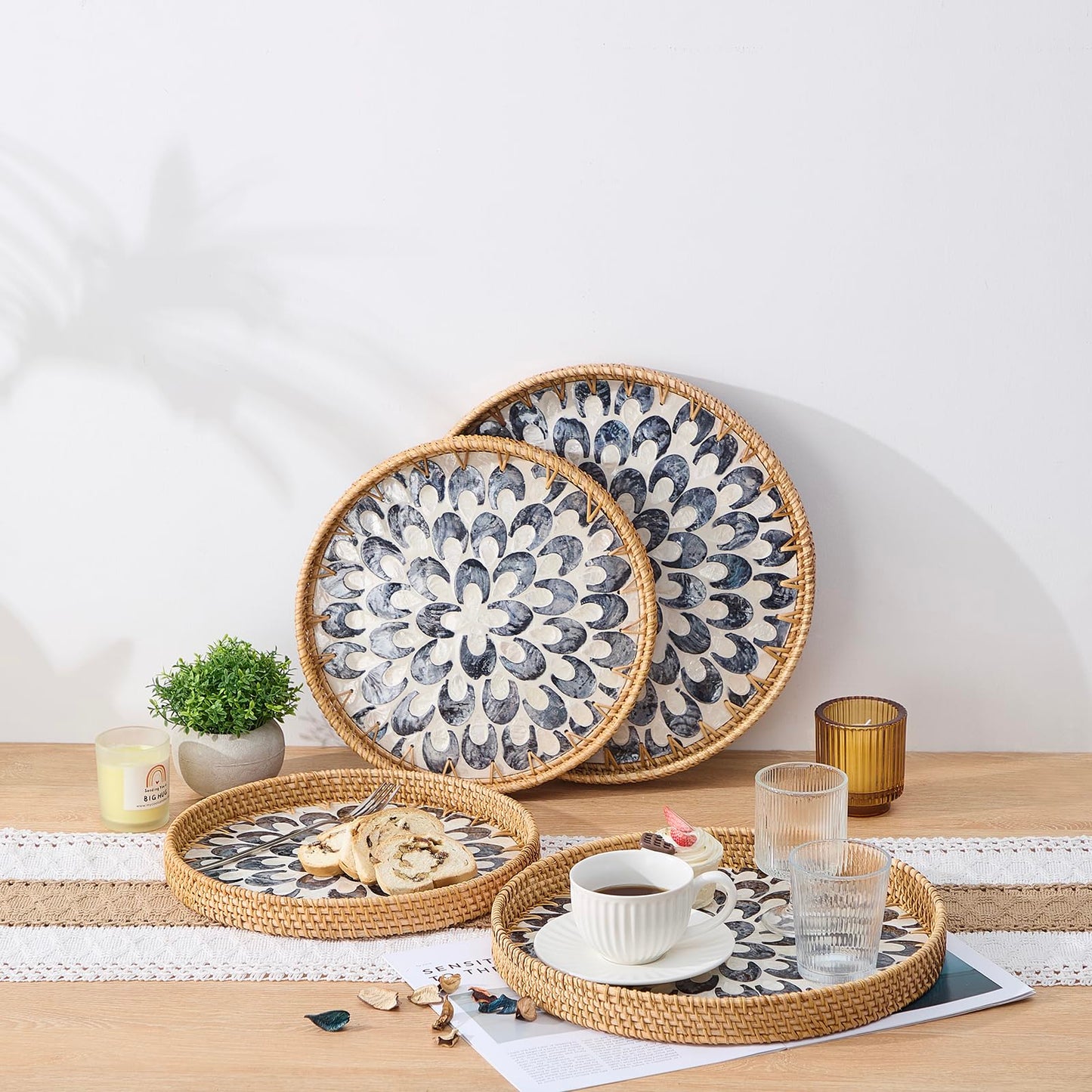Round Rattan Tray with Mother of Pearl Inlay, Rattan Serving Tray with Wooden Base, Decorative Wicker Basket for Table Decor, Storage and Display of Coffee Bread Food Fruit (Plume 13.5")