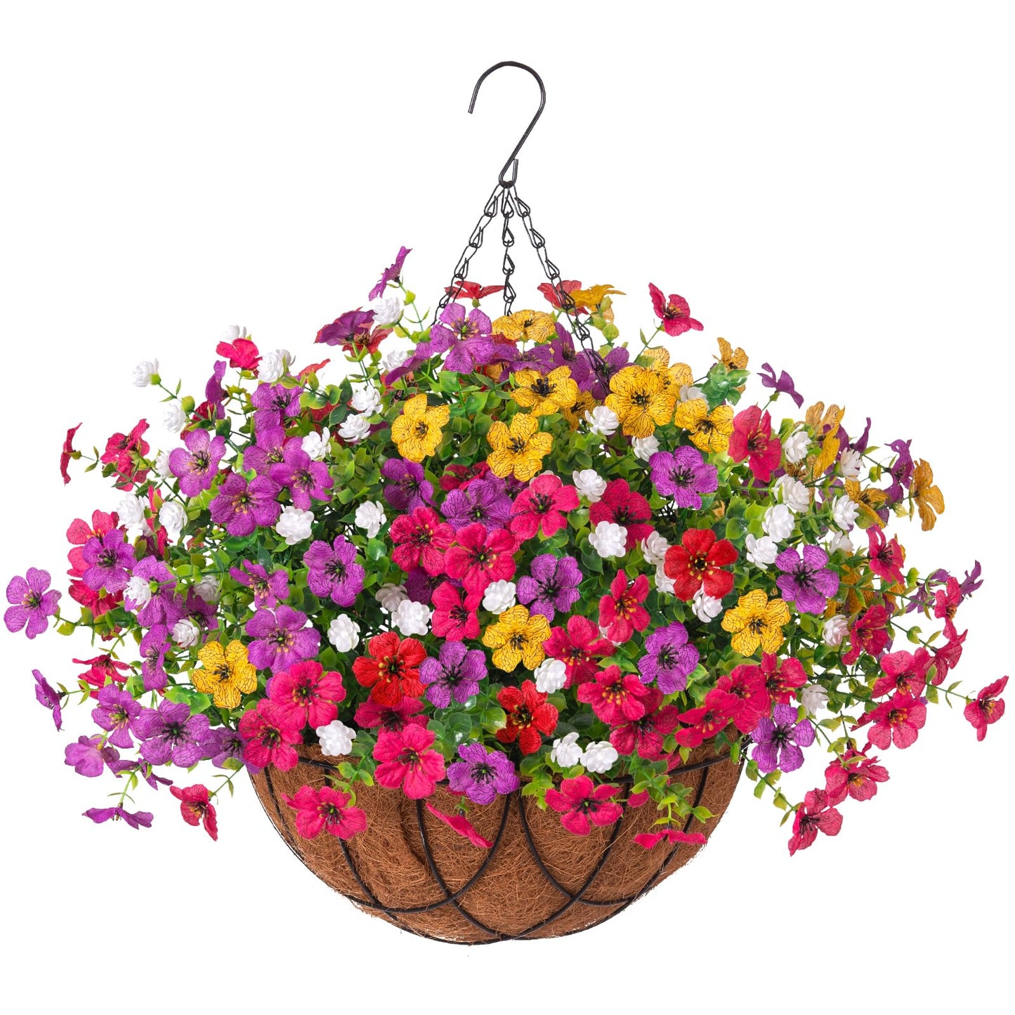 INXUGAO Artificial Silk Flowers Hanging Baskets Outdoors Indoors, Daisy with Eucalyptus Leaves Arrangement for Garden Yard Spring Summer Decor Faux Green Plant Metal Coconut Lining
