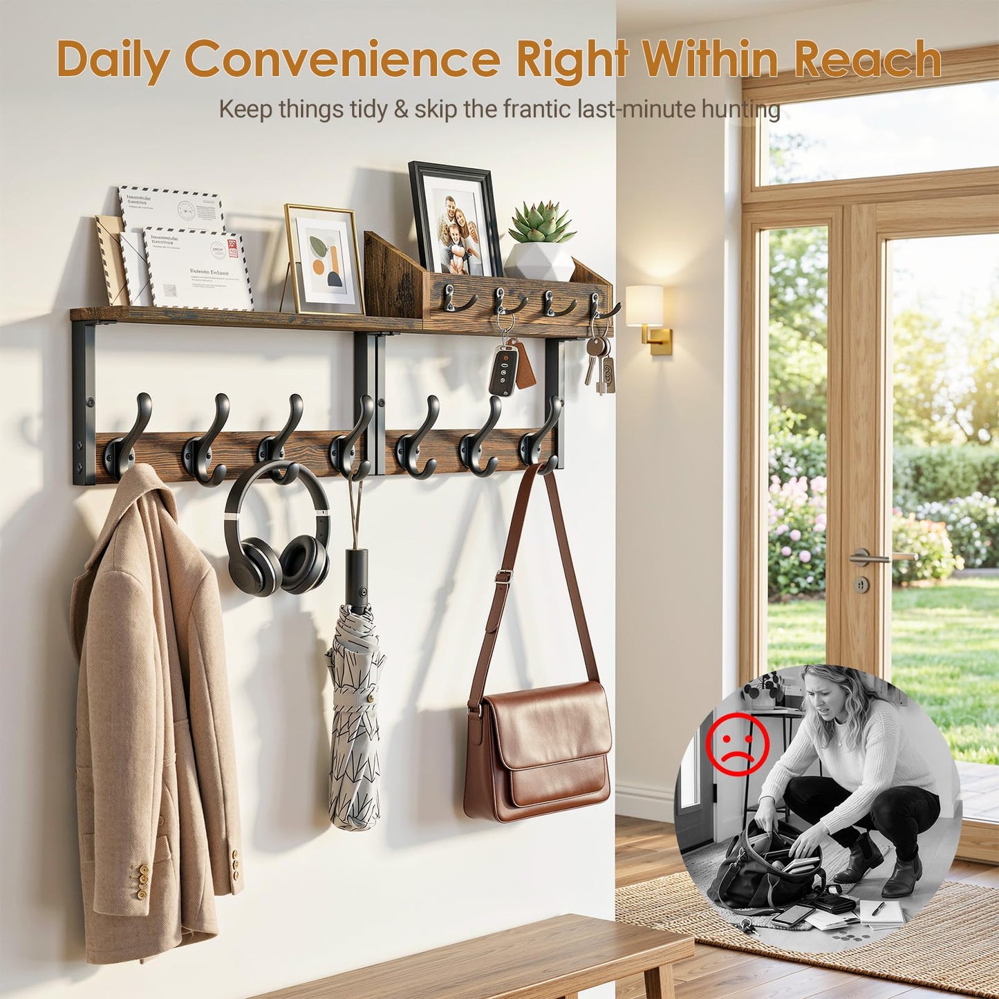 Lewondr Coat Rack Wall Mount with Shelf, 29" Entryway Wall Mounted Shelf with 7 Dual Hooks 4 Key Hooks, Entryway Floating Coat Rack with Mail Holder for Living Room, Bedroom, Vintage Brown