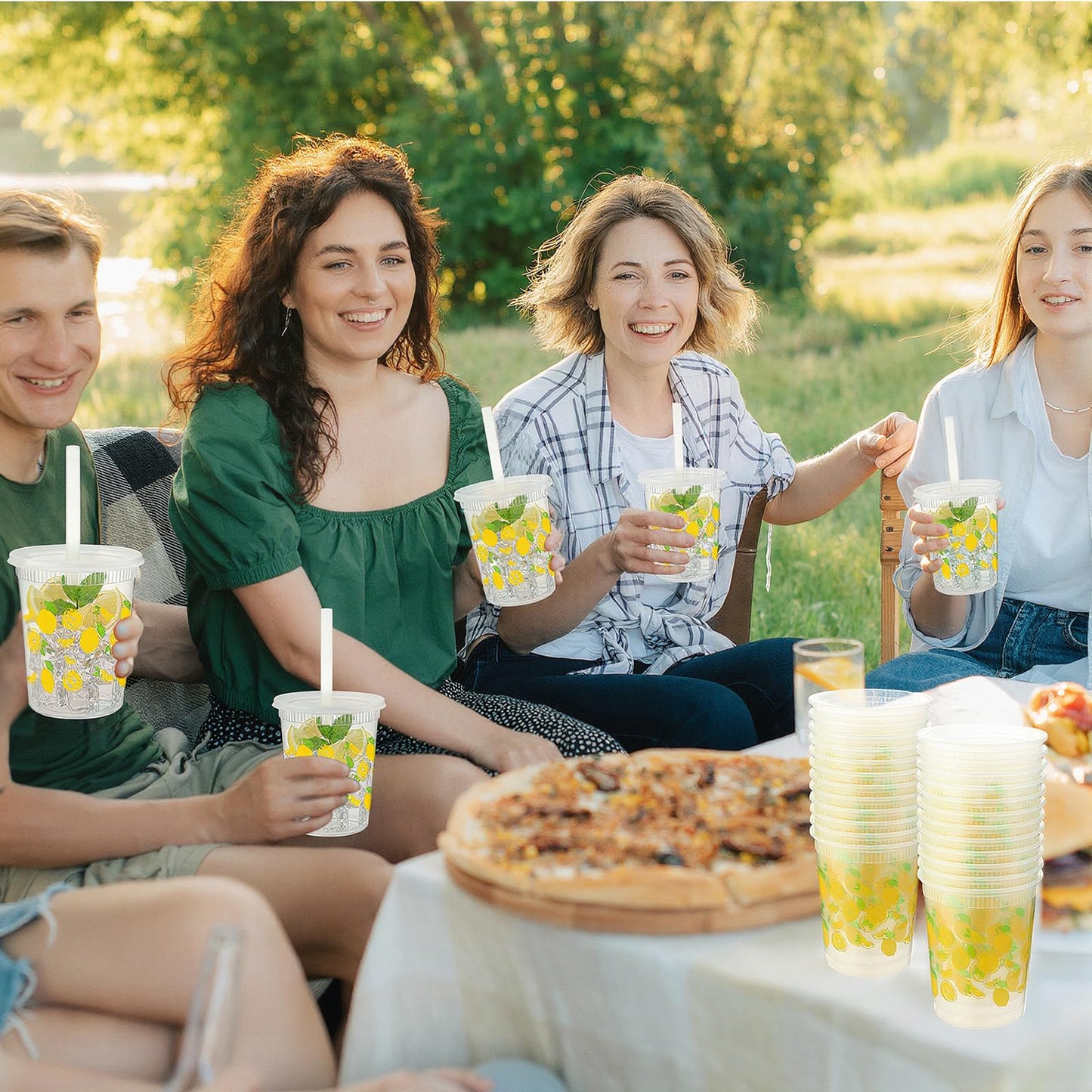 FillTouch 50 Set Lemonade Cups with Lids Straws Plastic Drink Buckets Include Plastic Cups Stainless Steel Straw Hole Puncher Beverage Cafe Drinking Lemonade Stand Supplies(32 oz)