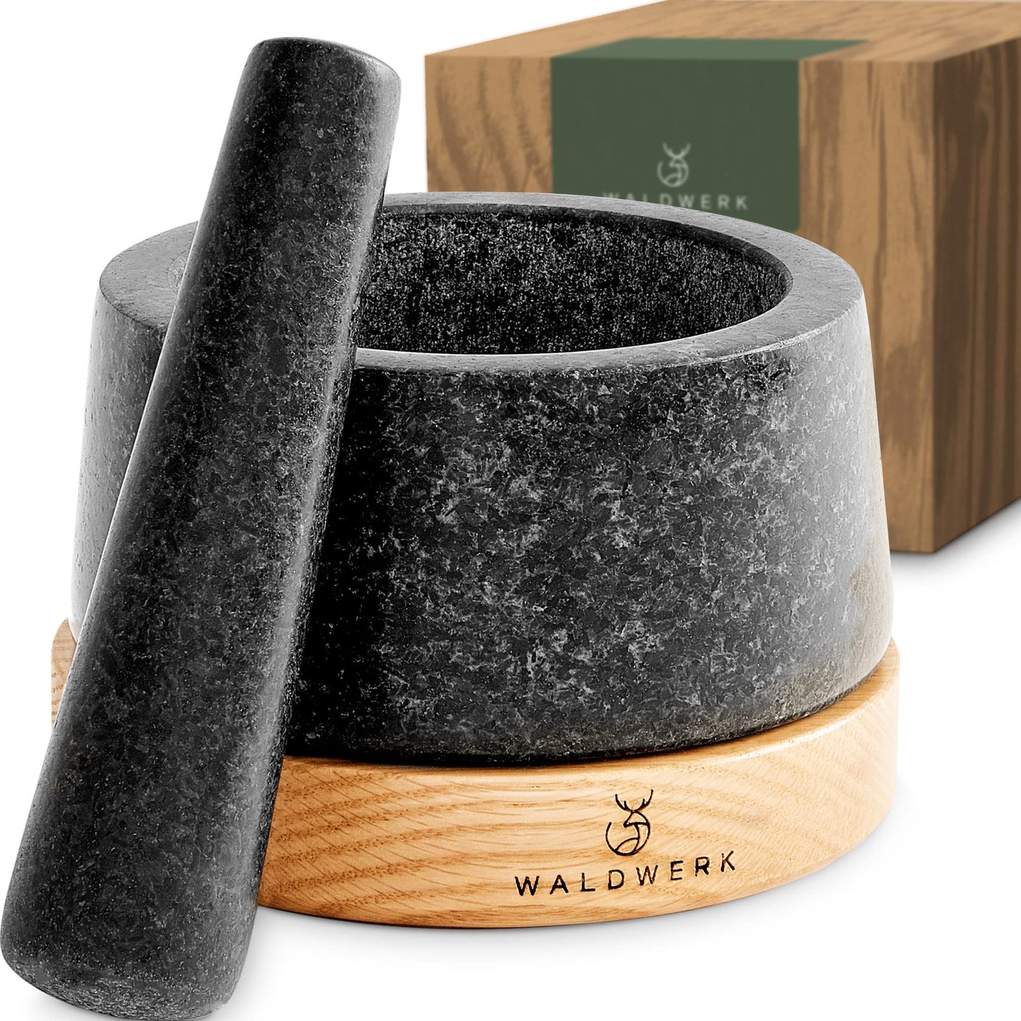 WALDWERK Mortar and Pestle - Mortar and Pestle Set with Anti-Scratch Wood Base - Mortar with Extra Large Pestle Out of Natural Granite - Large Mortar and Pestle - Perfect for Guacamole