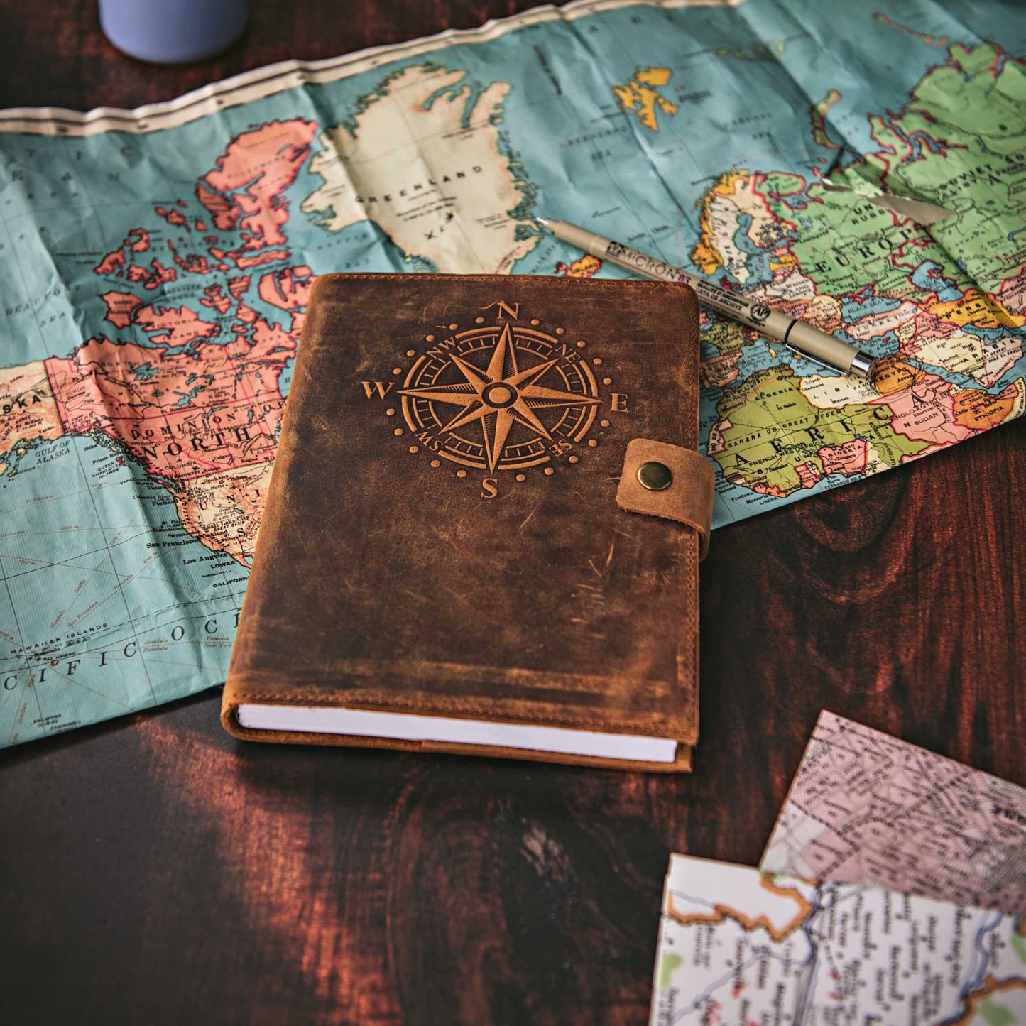 Travel Journal Series by Modest Goods - Refillable Leather Cover and A5 Notebook - Travel Accessories for Men & Women - Great for Traveler Adventure Journal, Vacation Scrapbook, Planner (Compass)