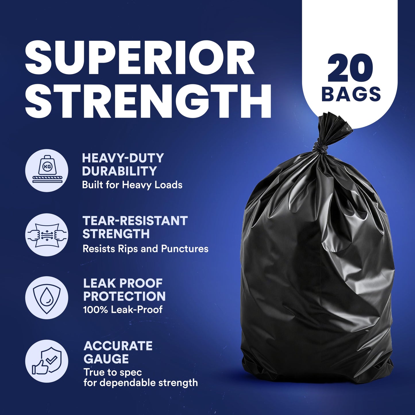 Plasticplace Contractor Garbage Bags: 55 Gallon Trash Bags Heavy Duty, Big Black Trash Bags, 36"x58", 6.0 Mil, Pack of 20