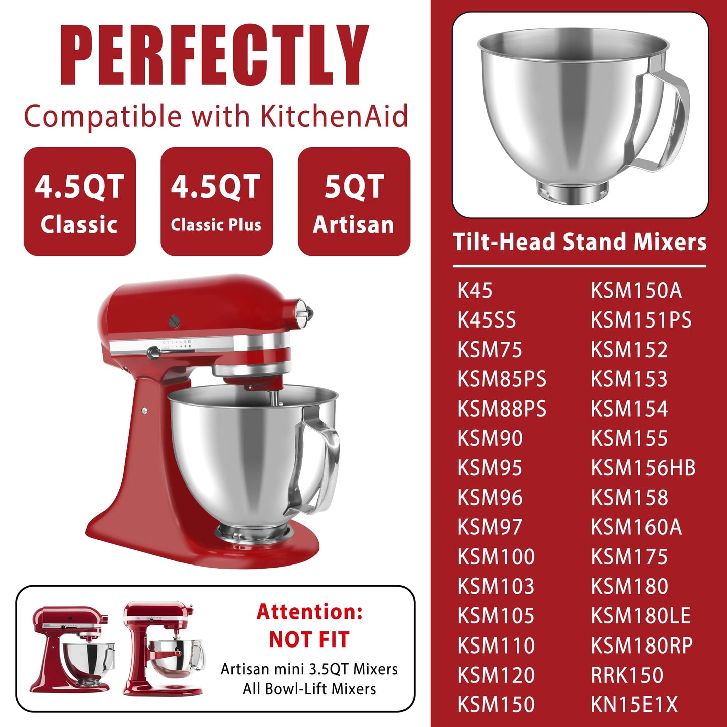 Stainless Steel Mixing Bowl for KitchenAid 4.5-5 Quart Tilt-Head Mixers, Stand Mixer Accessories, Replacement 5 QT Mixing Bowl with Handle
