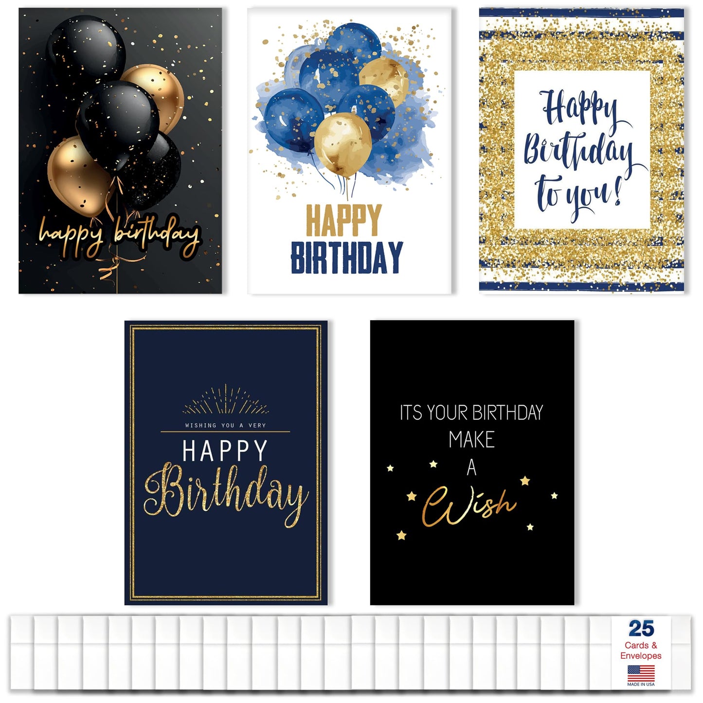 Happy Birthday Cards with Envelopes (25 Assortment Pack – 5 Designs) Bulk Birthday Card Set for Family & Business (5x7 inch – A7) Office, Work, Coworkers, Employees, Clients (VP2411) Made in USA