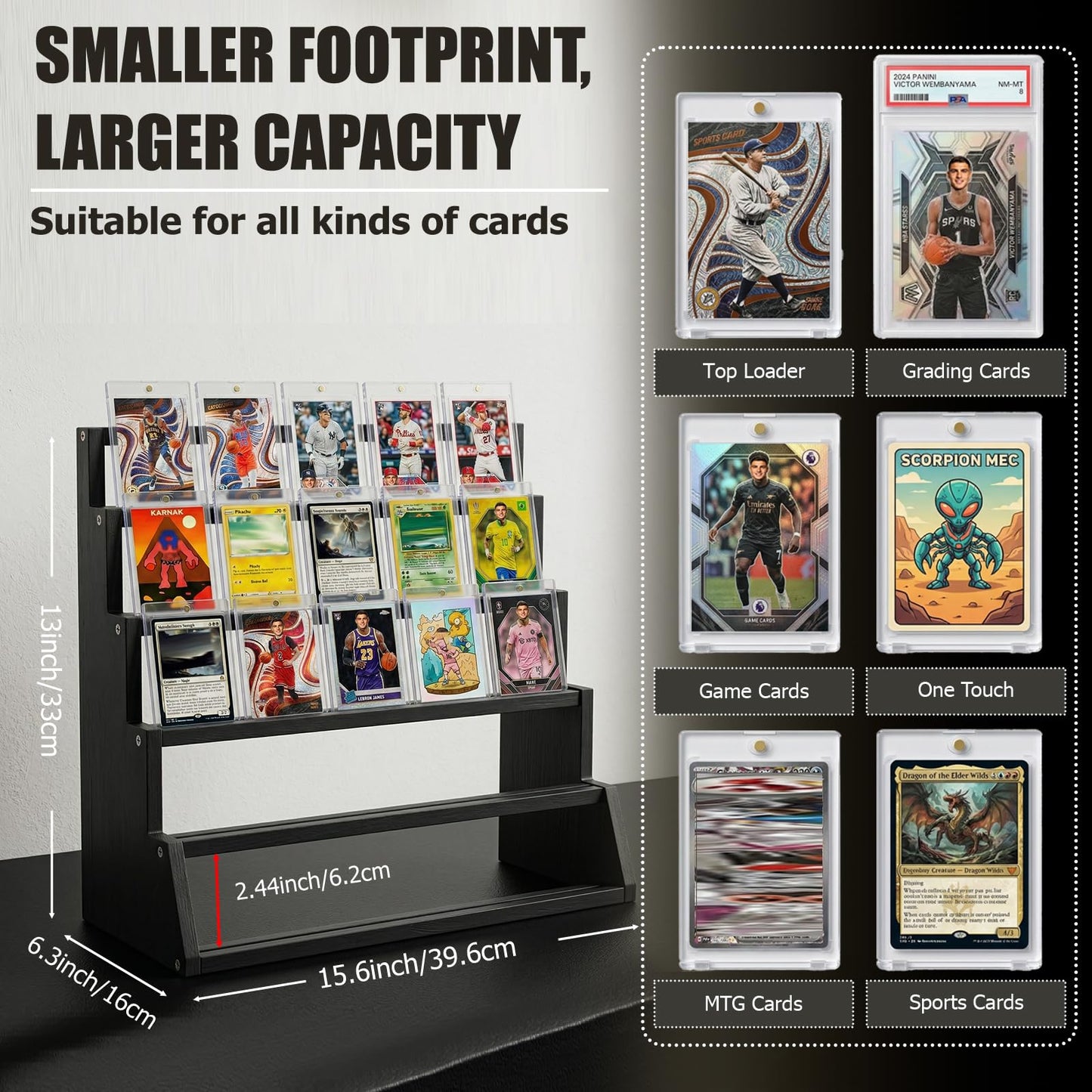 2 Pack 5 Tier Wooden Card Display Stand – Vertical Card Holder Display for Trading Cards, Game Cards, Sports Cards, Graded PSA/BGS/SGC, Baseball, Basketball&Football(Soccer) Card Stand, Desk & Shelf Organize,Black