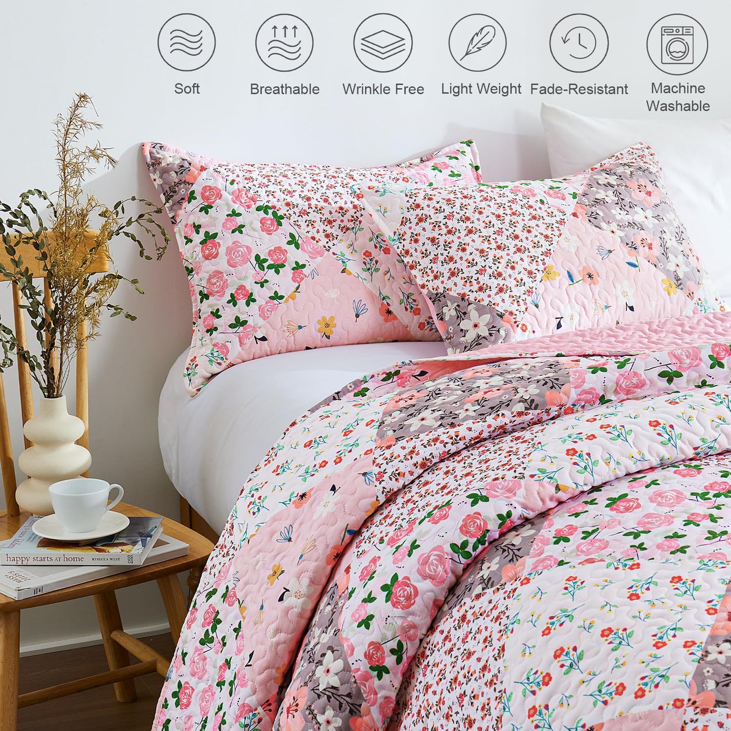 Whale Flotilla Patchwork Quilt Twin Size, Extra Soft Boho Floral Bedspreads for Bed Reversible Lightweight Twin Quilt Bedding Set Printed Coverlets with 1 Pillow Sham for All Seasons, Pink