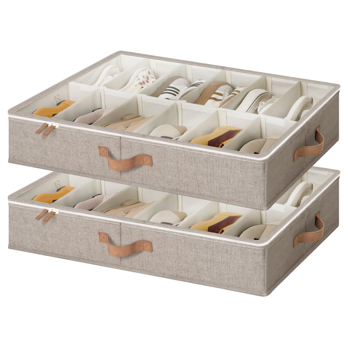 StorageWorks Shoe Organizer for Closet, Fits up to 24 Pairs, 2-Pack Ultra-thick Fabric Under Bed Shoe Storage Containers with Bottom Support and Adjustable Dividers, Taupe