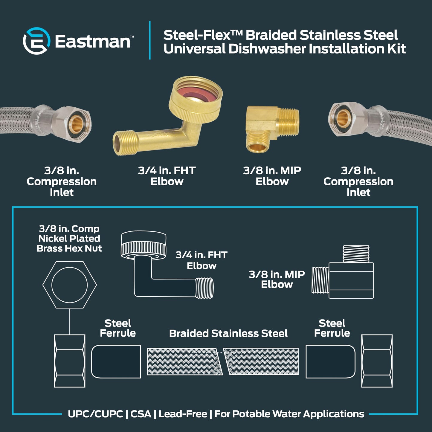 Eastman 10 Ft. Dishwasher Installation Kit, Braided Stainless Steel Supply Line with 3/8 Inch Compression Ends, 41060