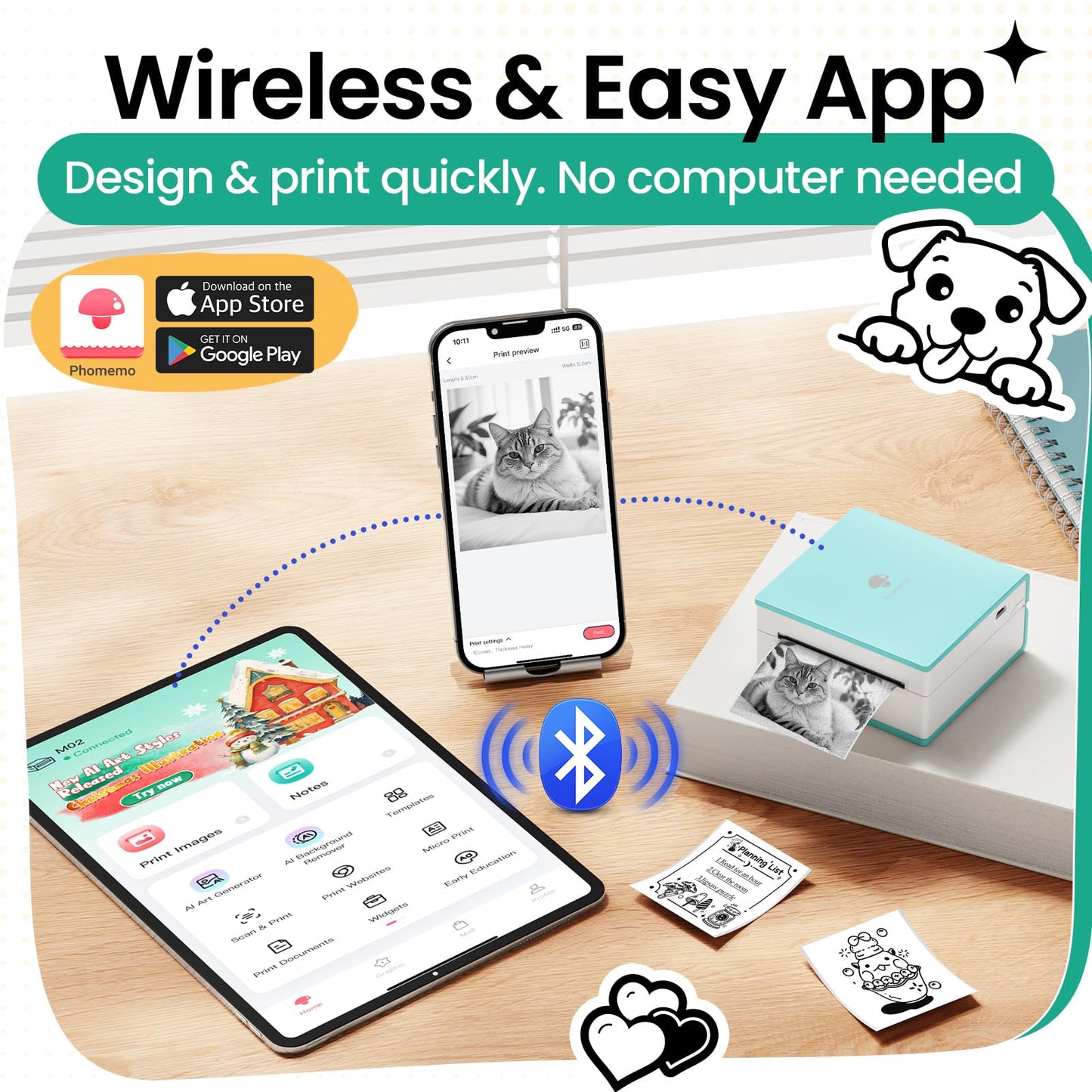 Phomemo Sticker Printer, Mini Printer Sticker Maker Machine M02, Print Pods Mini Pocket Machine for Creative DIY, Photos, Study Notes, Small Thermal Label Maker with AI APP for Home/Office/School,Cyan