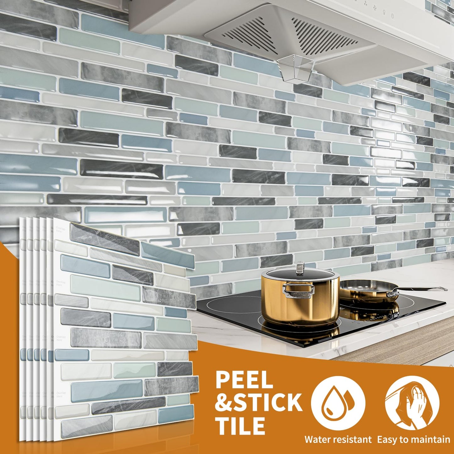 WOWSTAR 10-Sheet Peel and Stick Backsplash Tile for Kitchen, Back Splash Stick On Tiles for Kitchen Wall (Grey and Blue)