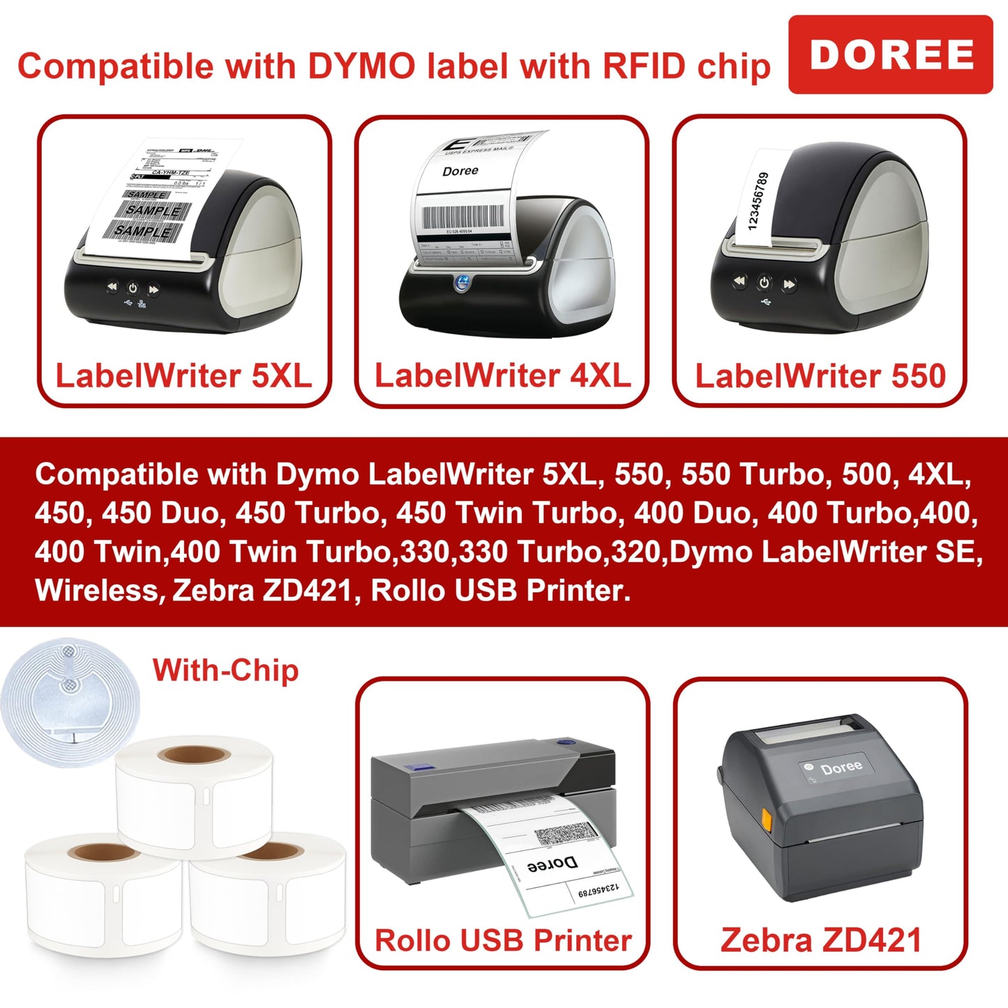 DOREE 6-Roll 1" x 2-1/8" Multi-Purpose Labels 30336 S0722520 with chip Compatible with Dymo LabelWriter 5XL,550,500,4XL, 450,450 Duo (Thermal Labels, White, 1" x 2-1/8", 6 Rolls Total 3000)