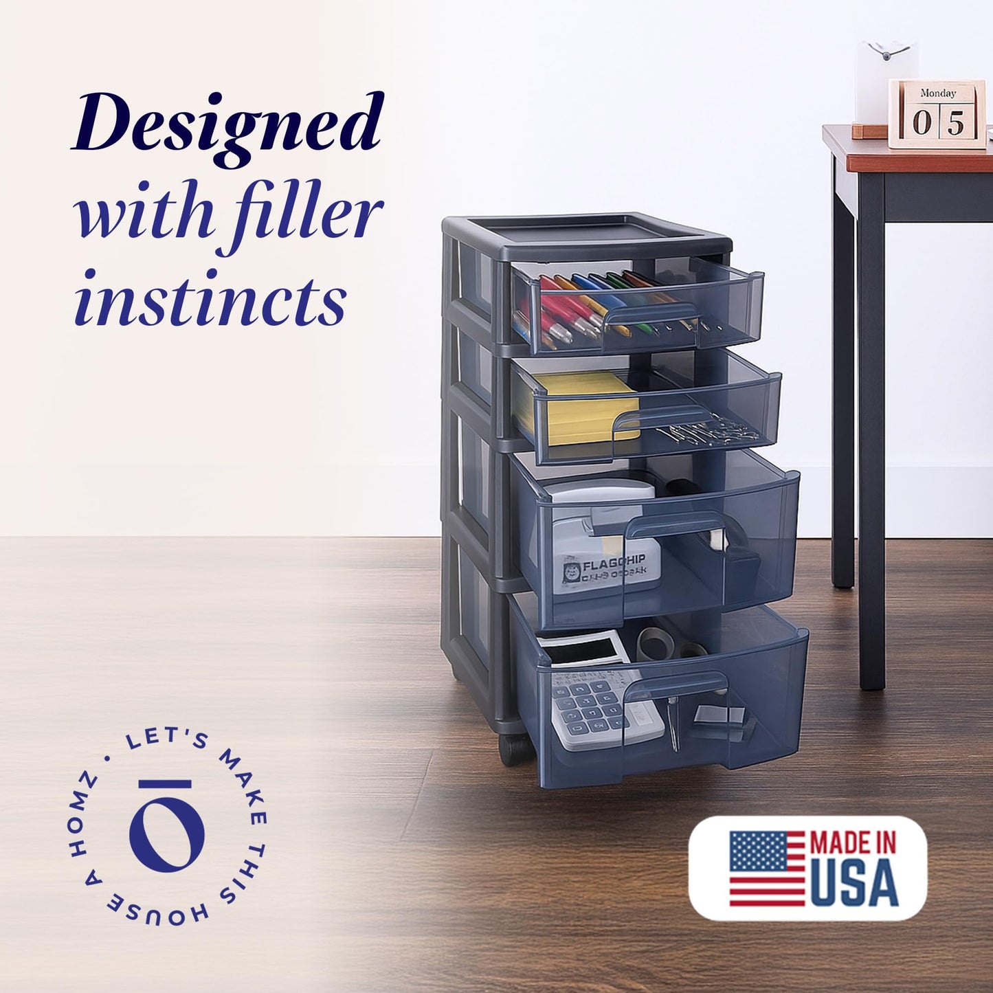 HOMZ Drawer Tower, 4-Tier Clear Plastic Storage Organizer Cart, Black Frame - Rolling Drawer Containers with Wheels for Bathroom, Bedroom, Office, and Classroom Organization