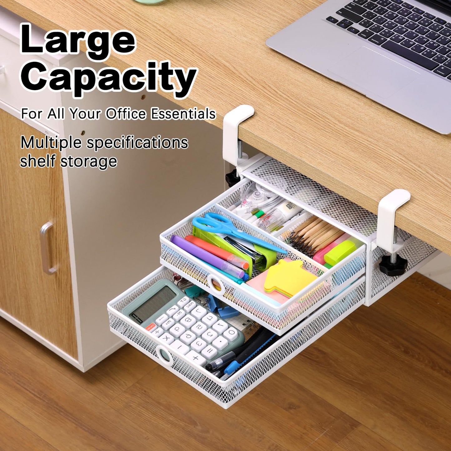 Euyona 2-Tier Clamp-On Mesh Organizer, Under Desk Storage with Slide-Out Tray, No Drilling Tool-Free Installation, Durable Rust-Resistant Metal, Large-Capacity Organizer.