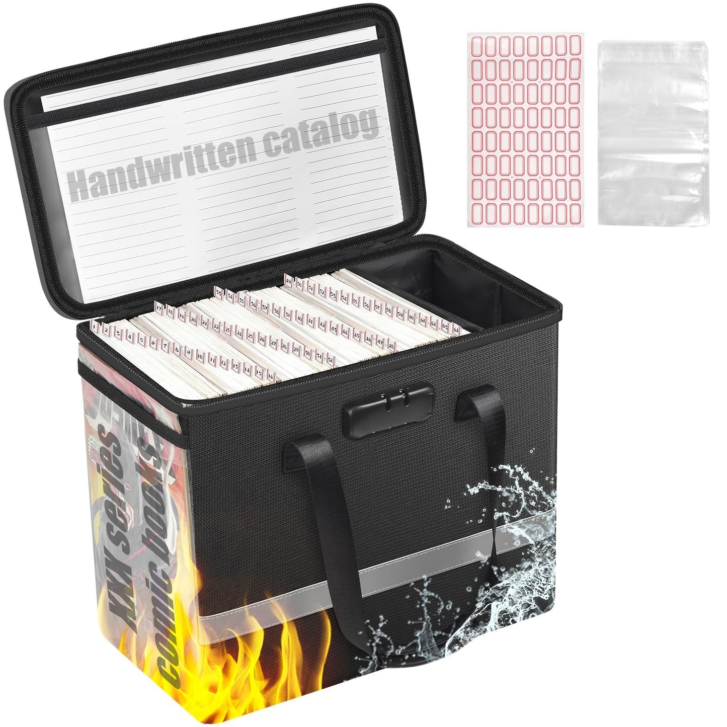 Fireproof Comic Book Storage Box - Holds 140+ Comics, Organizer Kit with 50 Protective Bags, Label Stickers and Catalog, Comic Book Bin with Adjustable Divider, Lock & Reflective Strips (Case Only)