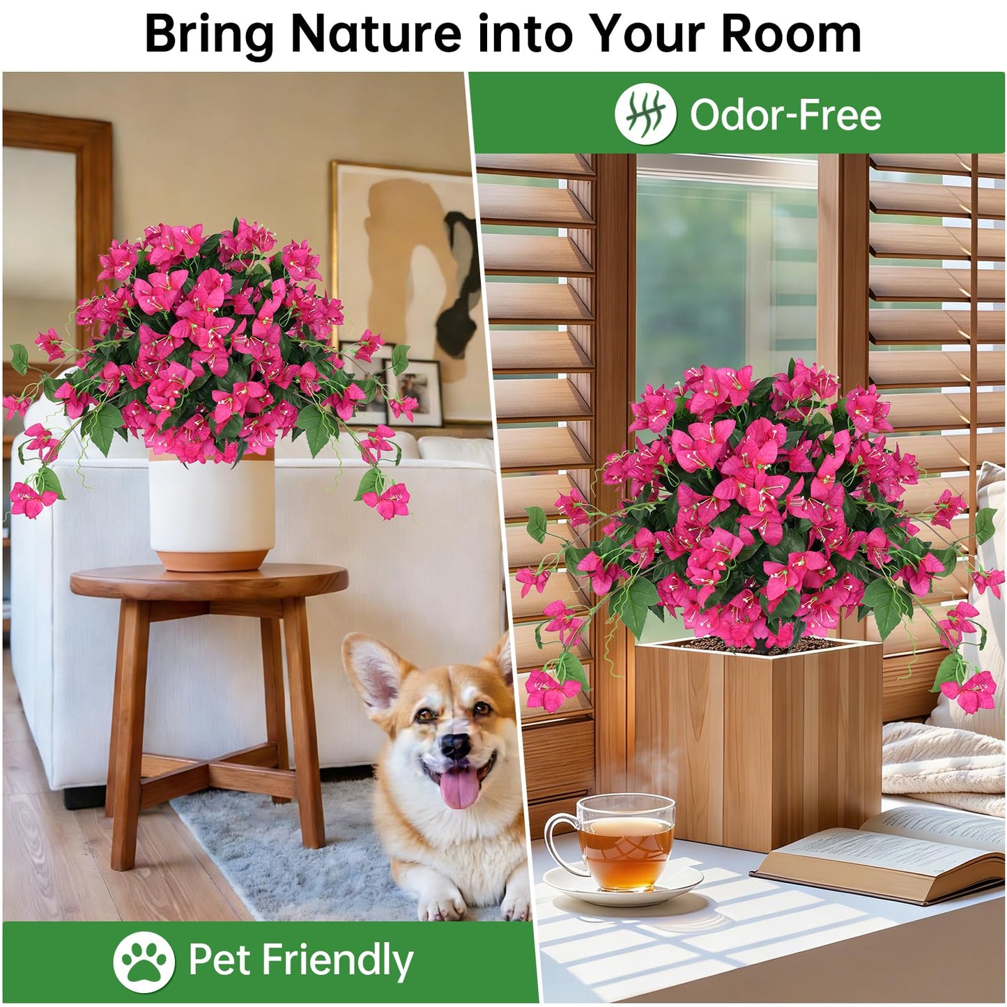 Artificial Bougainvillea Topiary Trees Set of 2, Pink Fake Shrubs Bushes with Ground Spike, Faux Evergreen for Porch Plants, UV Resistant Artificial Flowers for Outdoors Indoor Front Garden