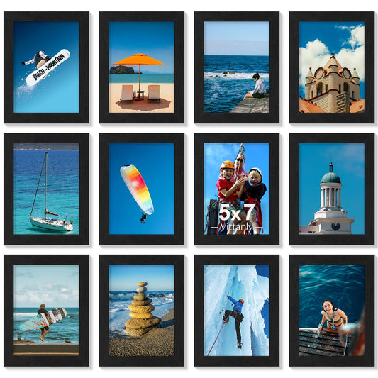 Vittanly 5x7 Picture Frames Set of 12, Display 4x6 Pictures with Mat or 5x7 without Mat, Engineered Wood with Shatter Resistant Plexiglass, Wall or Tabletop Photo Frames, Black
