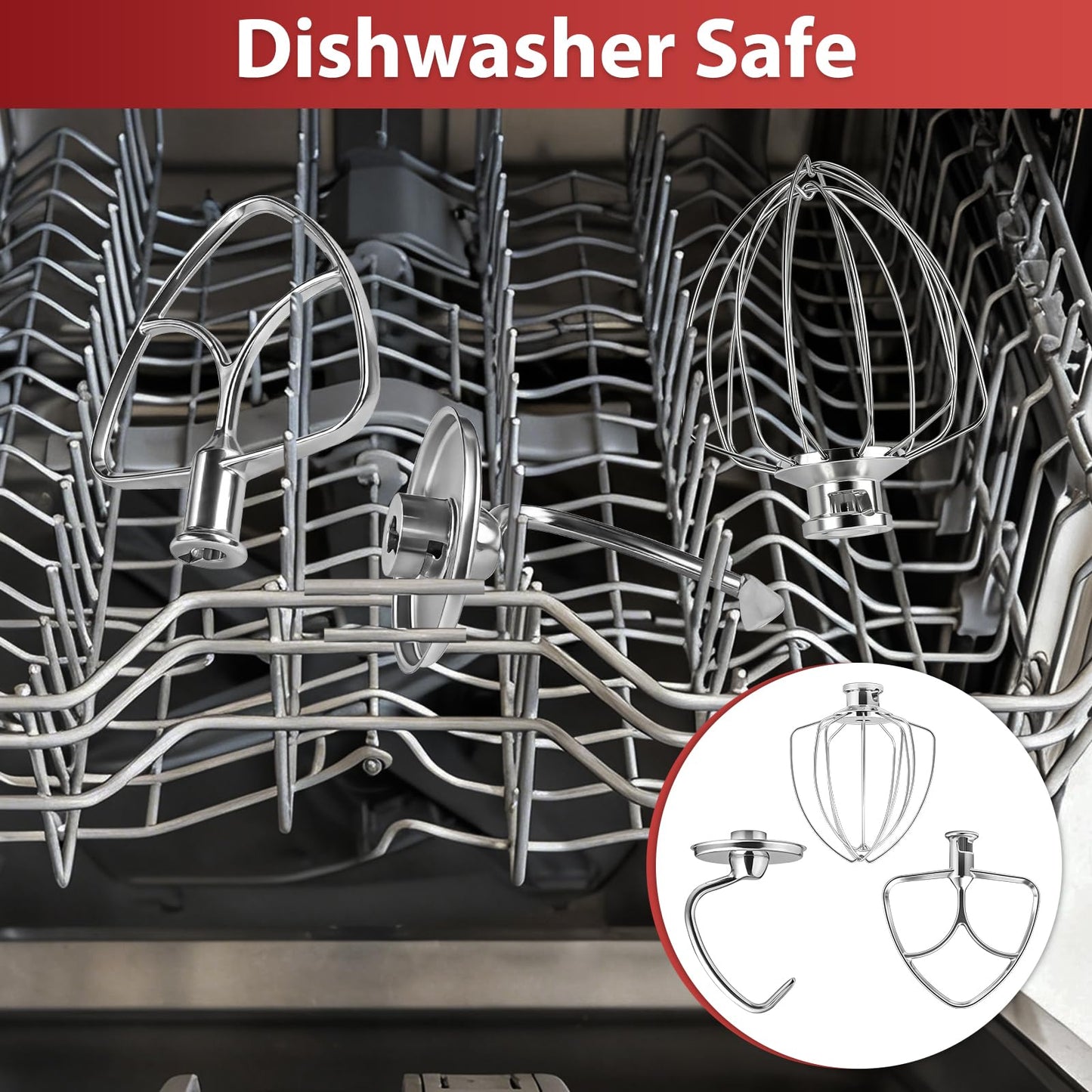 KITOART 3-Piece Kit Mixer Attachments for KitchenAid 4.5-5QT Tilt-Head Stand Mixer - K45WW & K45DH & K45B Replacement, All Stainless Steel, Dishwasher Safe