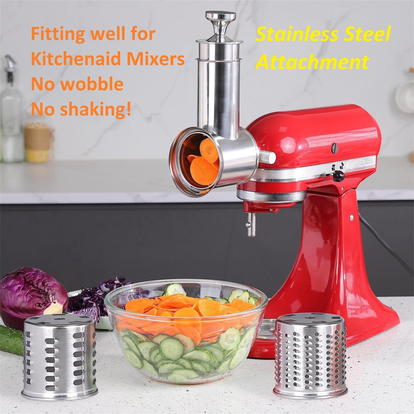 FavorKit Large Stainless Steel Slicer Shredder Attachment for KitchenAid Mixers, Dishwasher Safe Salad Maker, Cheese Grater Accessories with 3 Blades & 1 Knob Thumb Screw
