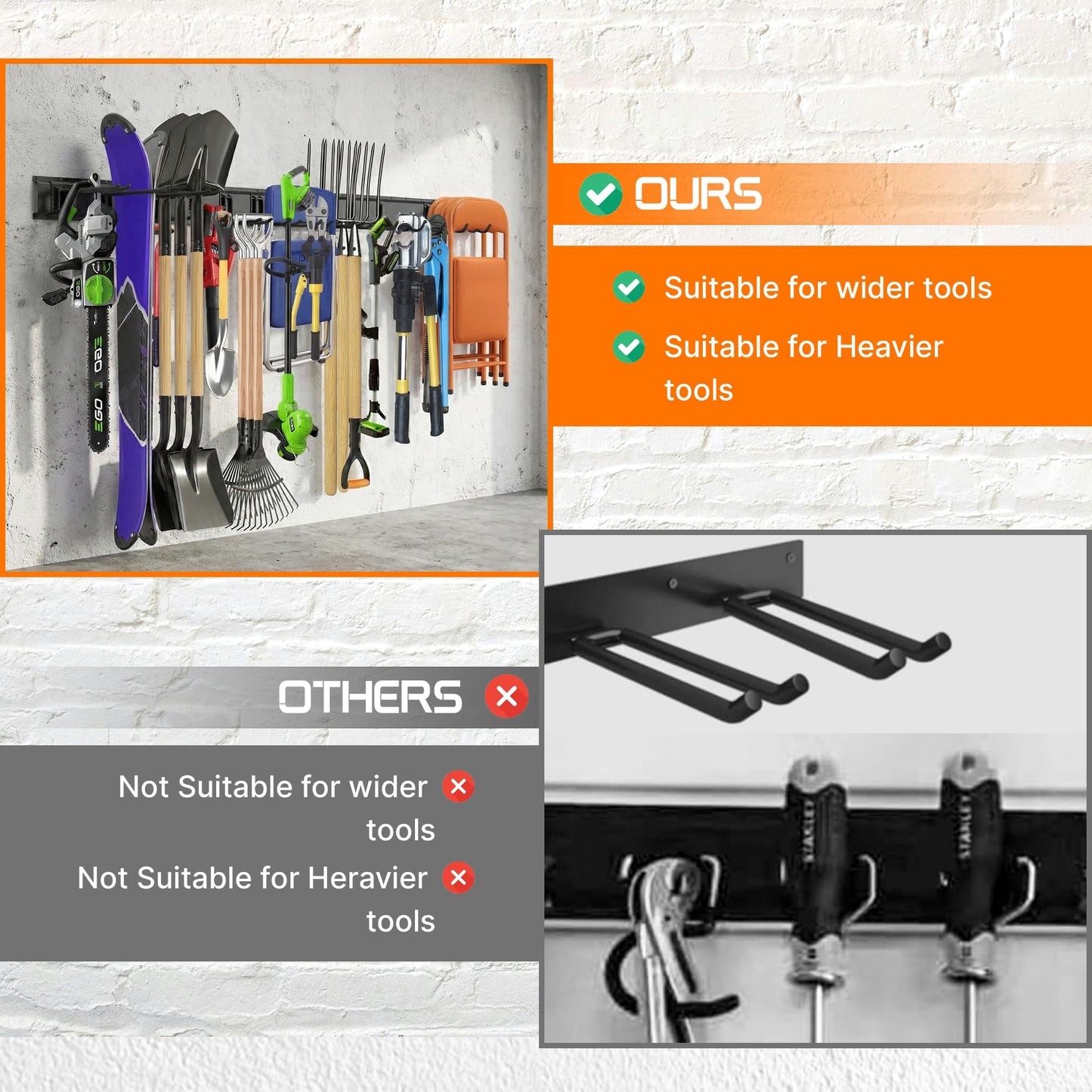 Evalote "64 Garage Tool Organizer Wall Mount - Heavy Duty 750lbs Metal Storage Rack, Easy Install Adjustable Hooks for Garden Tools Brooms