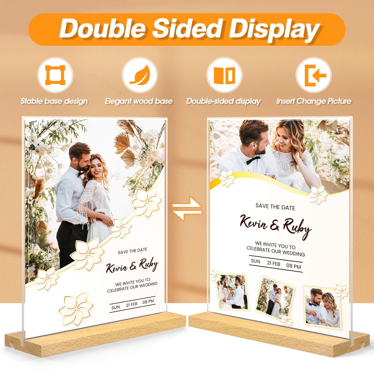 SVOPY 8.5 x 11 Acrylic Sign Holder with Wood Base - Tabletop Display Menu Stand - Clear Plastic L/T Shape Vertical or Slant Back Paper Holders - 6 pack